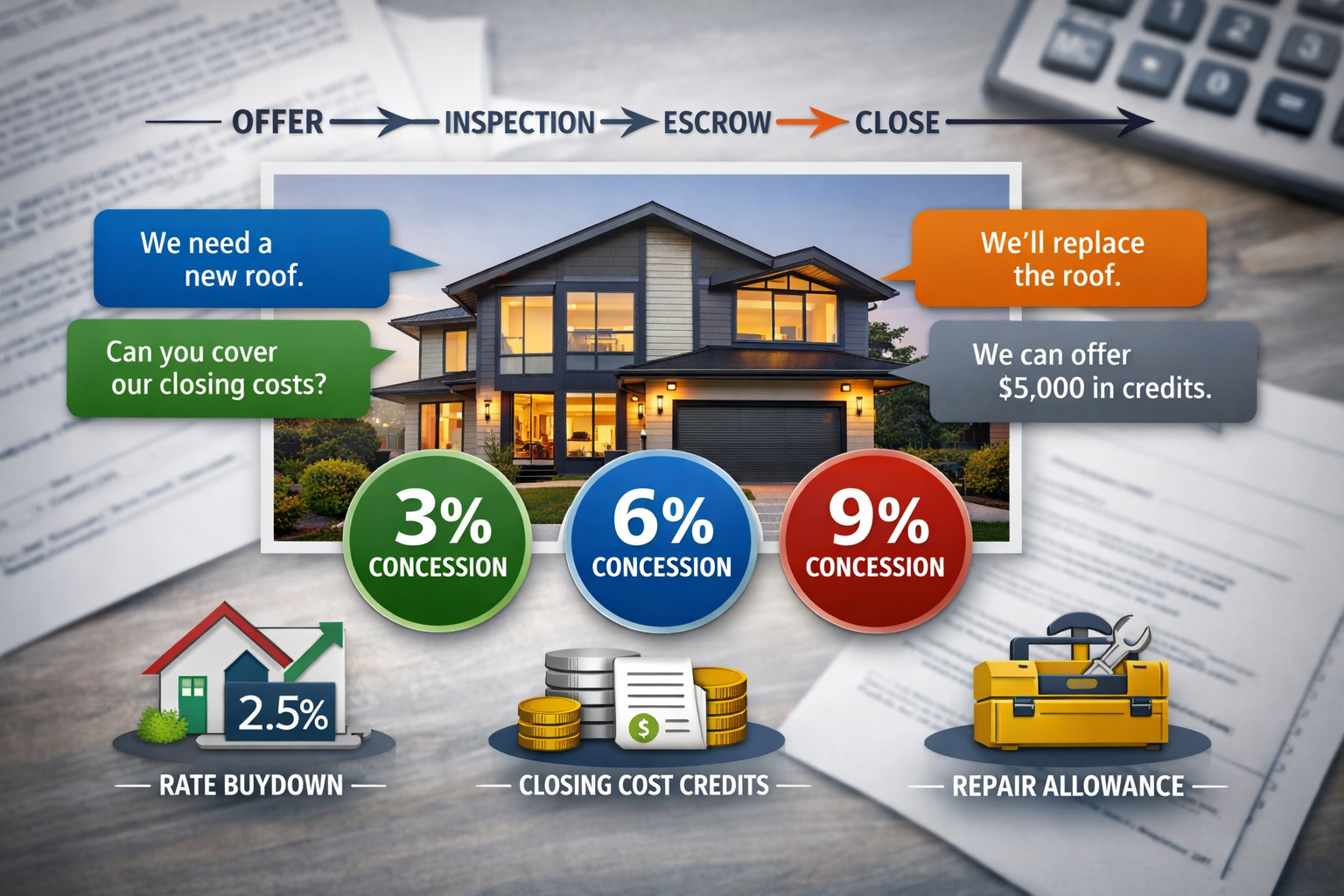 Landscape format (1536x1024) strategic decision-making visual showing real estate negotiation scenario. Center features modern home exterior