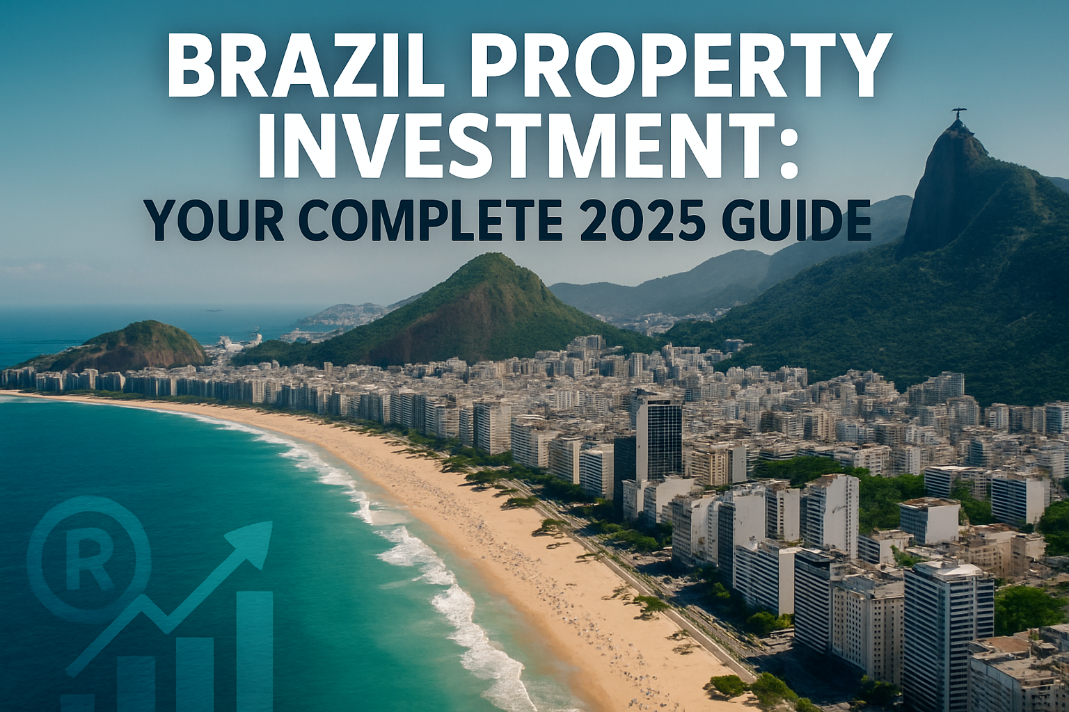 Professional landscape hero image (1536x1024) featuring bold text overlay 'Brazil Property Investment: Your Complete 2025 Guide' in extra la
