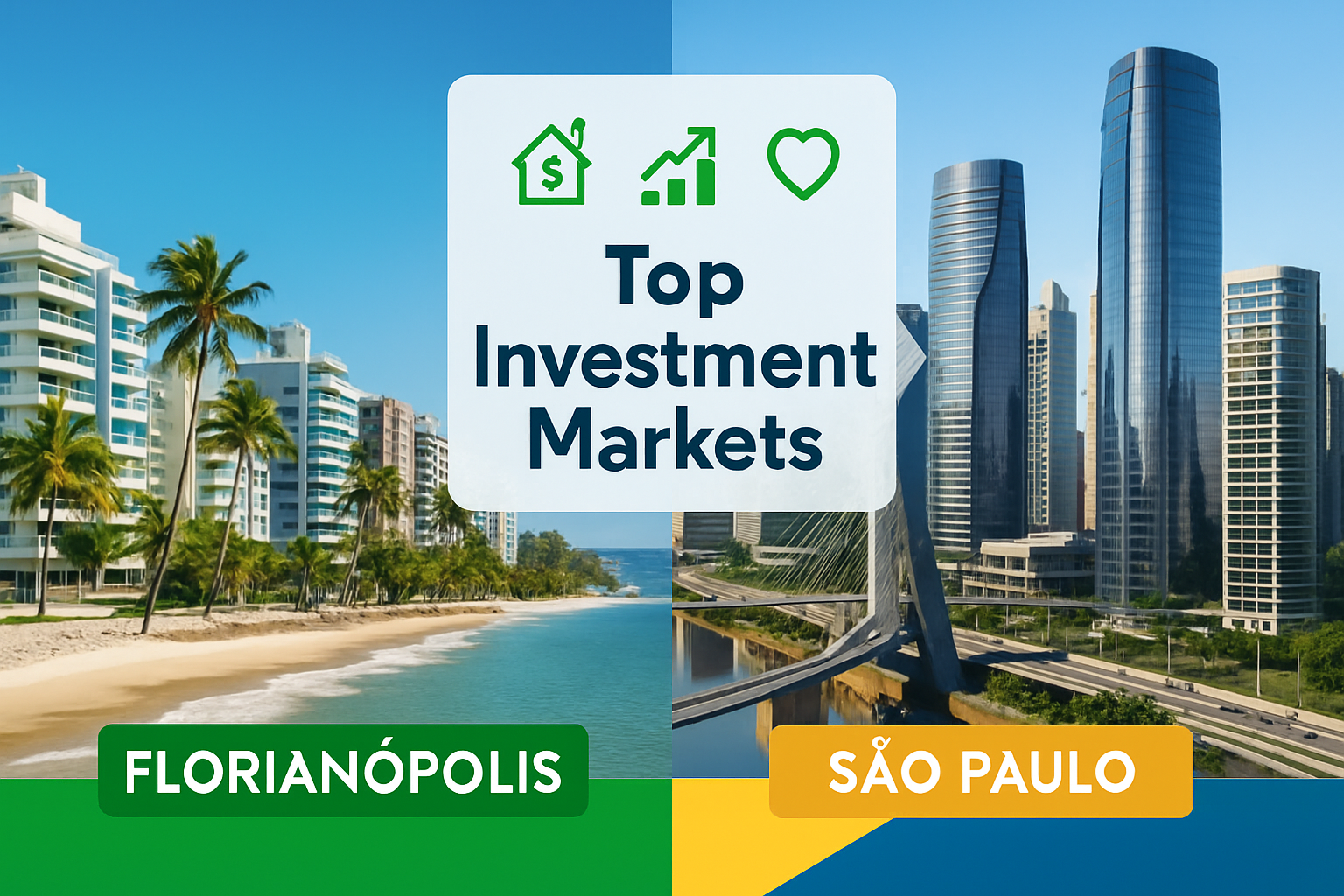 Detailed landscape editorial image (1536x1024) showing split-screen comparison of Brazilian cities for property investment. Left side displa