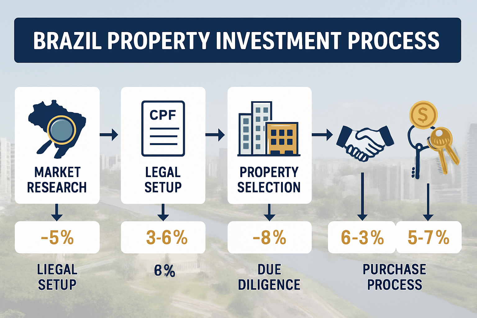 Comprehensive landscape infographic image (1536x1024) illustrating the Brazil property investment process timeline. Visual flowchart design 