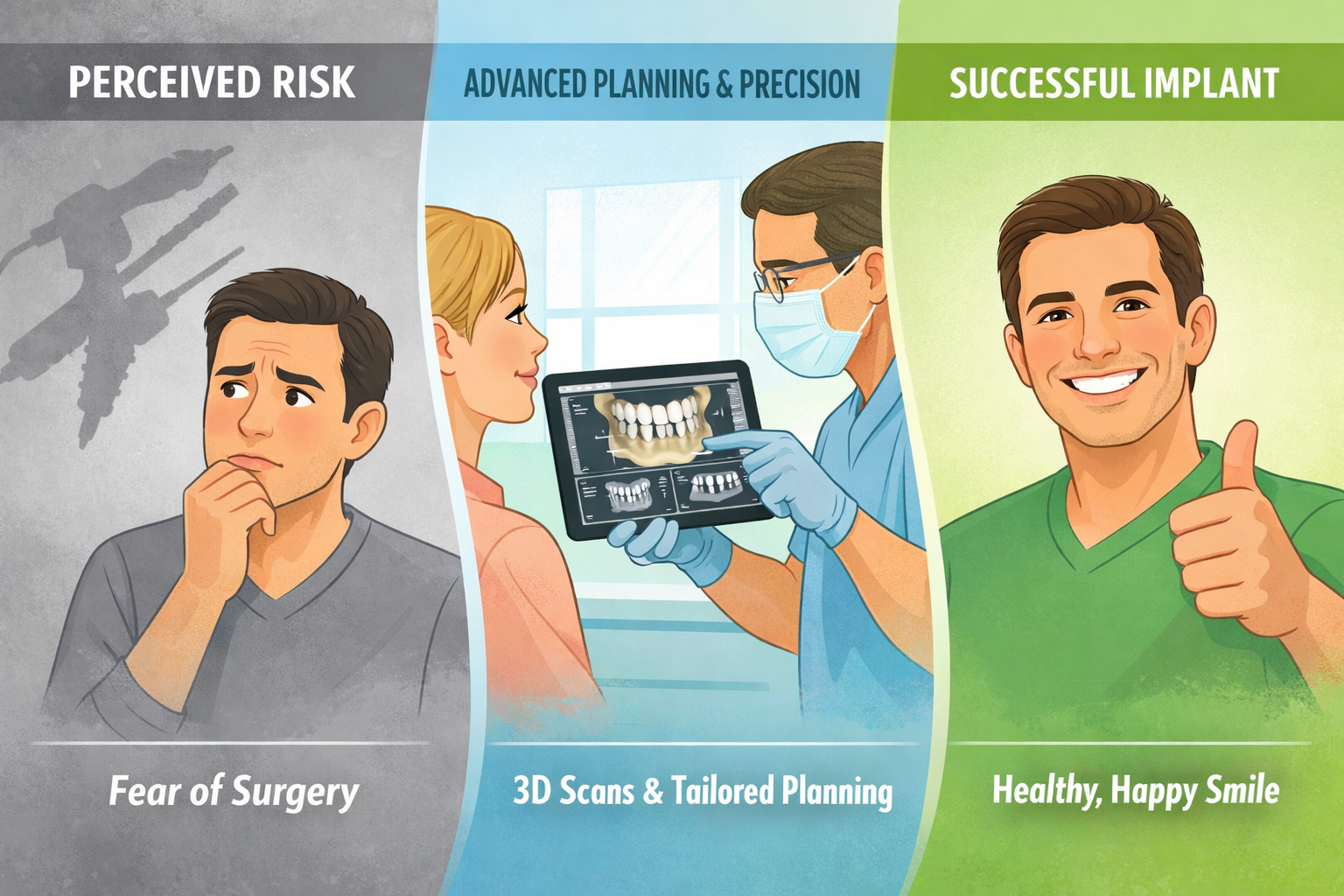 () image showcasing a three-panel sequence or infographic comparing perceived risks with actual safety measures for dental
