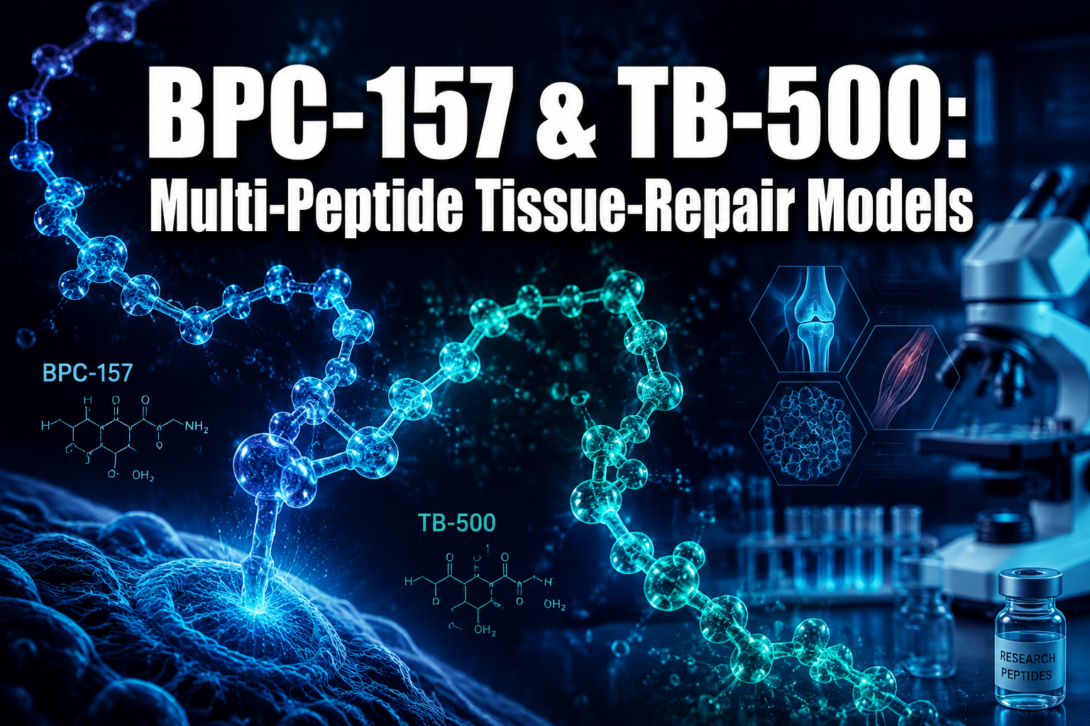 Professional () hero image with : 'BPC-157 & TB-500: Multi-Peptide Tissue-Repair Models' in extra large white with deep