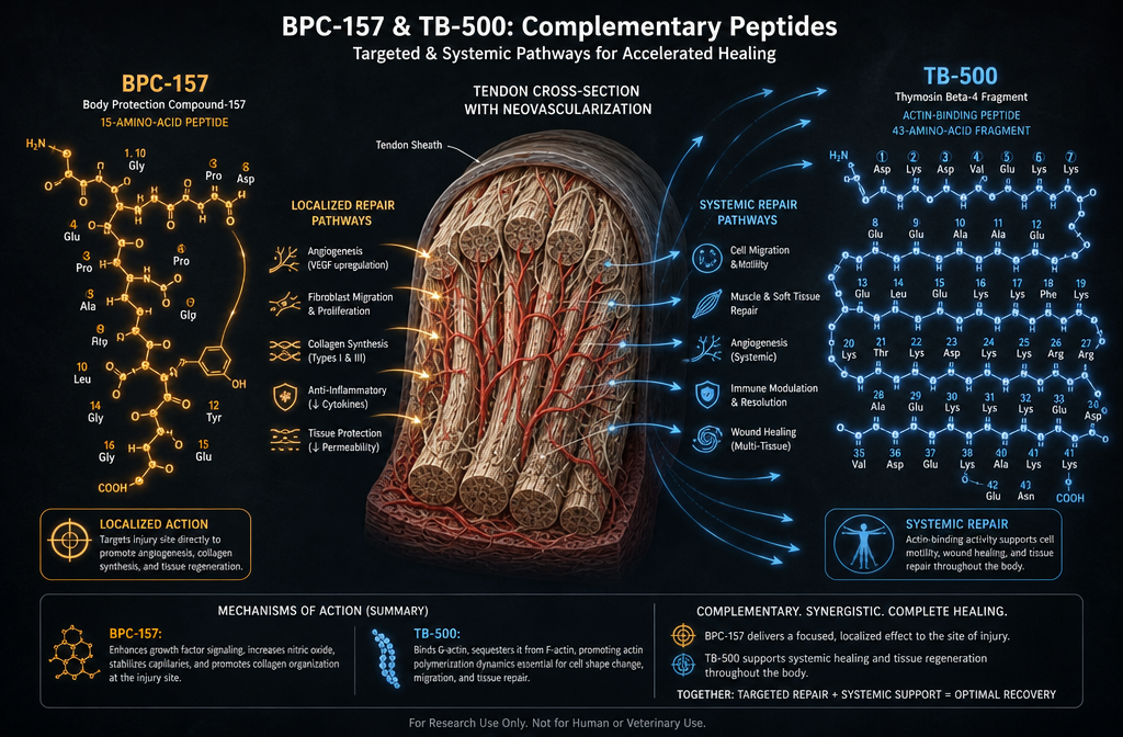 () scientific illustration showing two distinct peptide molecules — one compact 15-amino-acid chain labeled BPC-157 glowing