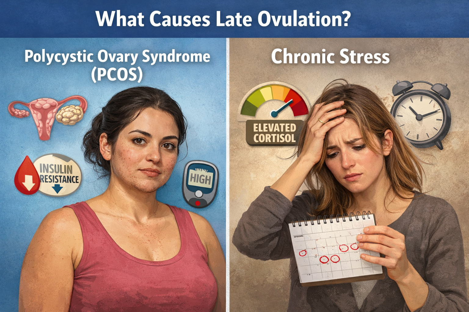 A side-by-side comparison image of two women: one with symptoms of PCOS (e.g., subtle facial hair, acne, slightly heavier build) and another