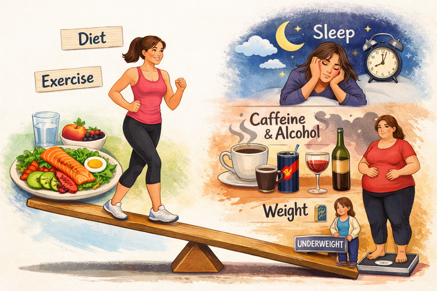 An illustration of lifestyle factors impacting fertility, showing a woman doing moderate exercise next to a nutritious meal, juxtaposed with