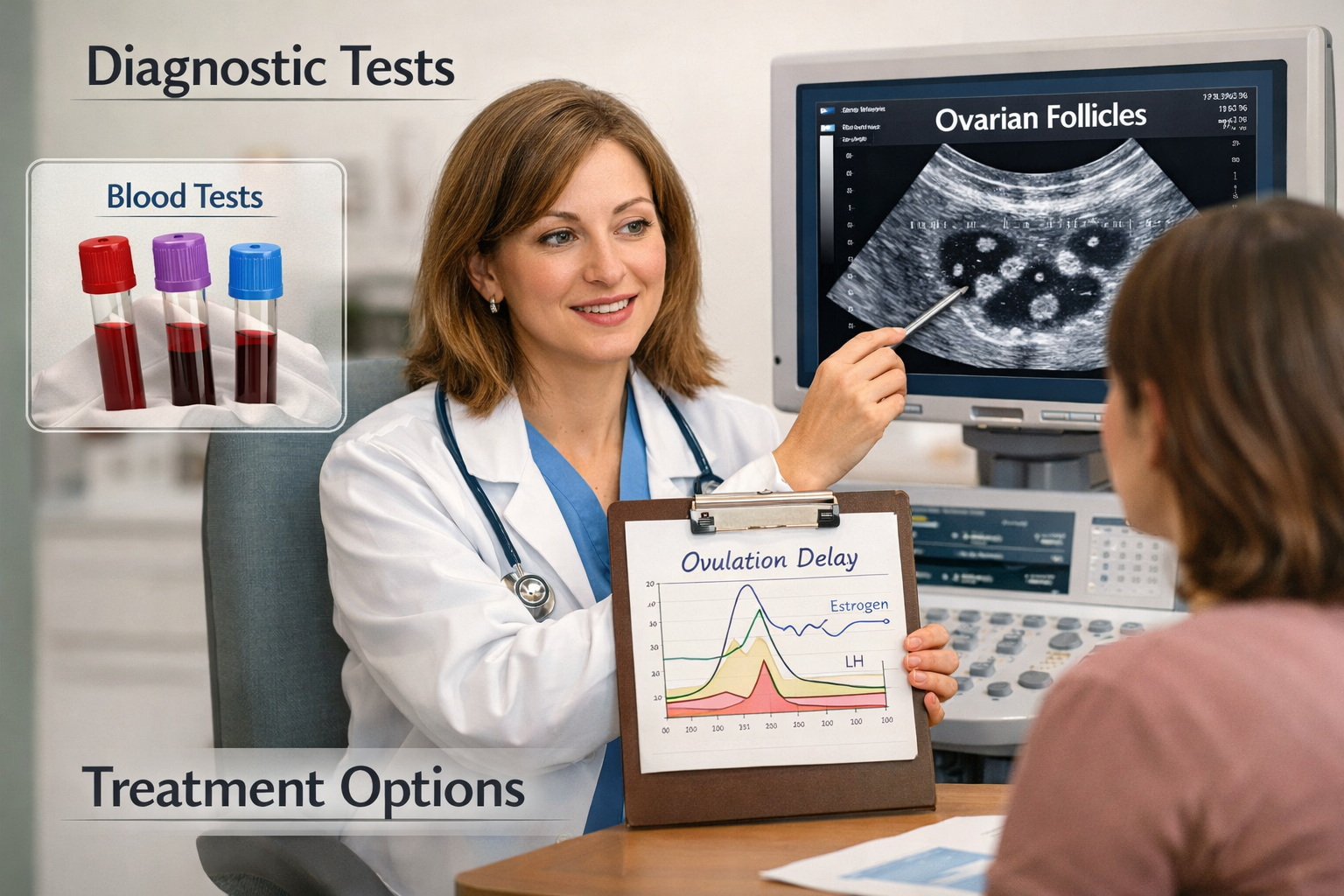 A conceptual image of a medical consultation, with a doctor explaining a chart or ultrasound to a patient, emphasizing the diagnostic proces