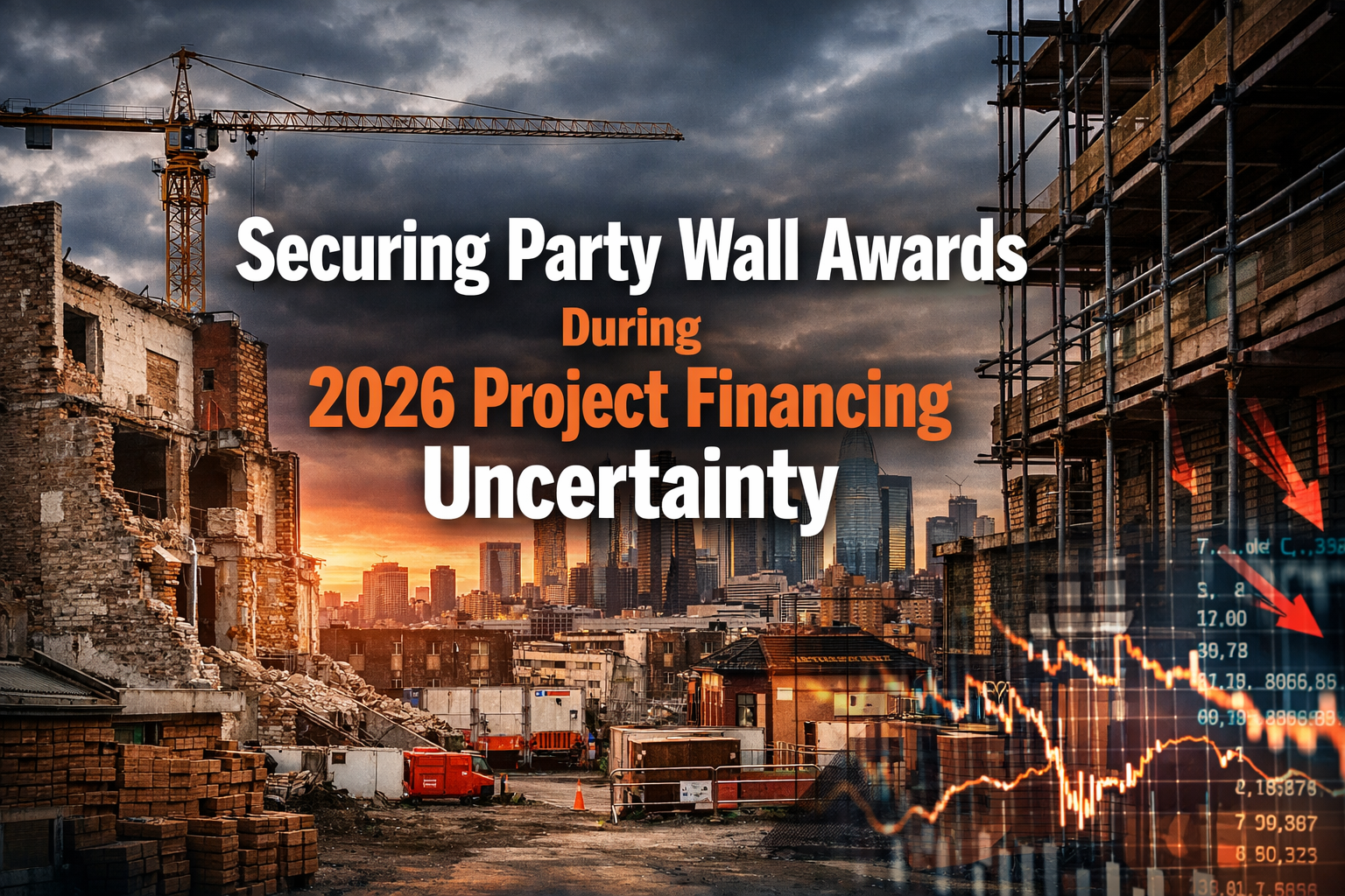 Professional landscape hero image (1536x1024) with bold text overlay: "Securing Party Wall Awards During 2026 Project Financing Uncertainty"