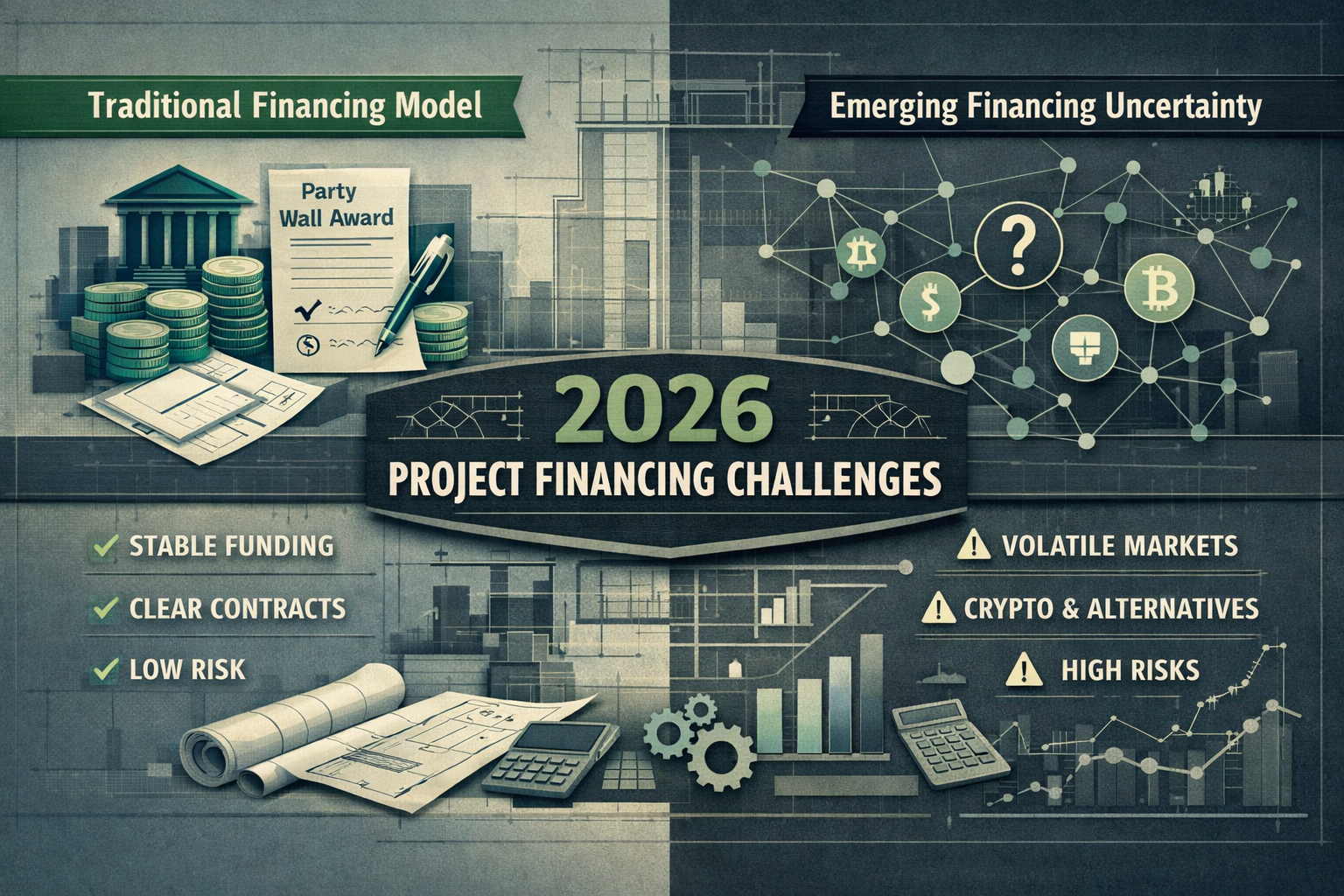 Key Takeaways visualization: Isometric split-screen infographic depicting party wall award complexity in 2026, left side showing traditional