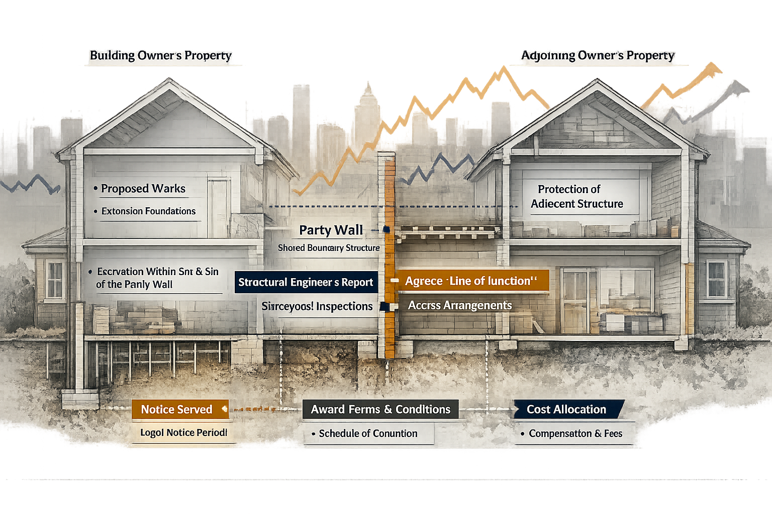 Understanding Party Wall Awards economic climate visualization: Detailed architectural cross-section illustration showing property boundary
