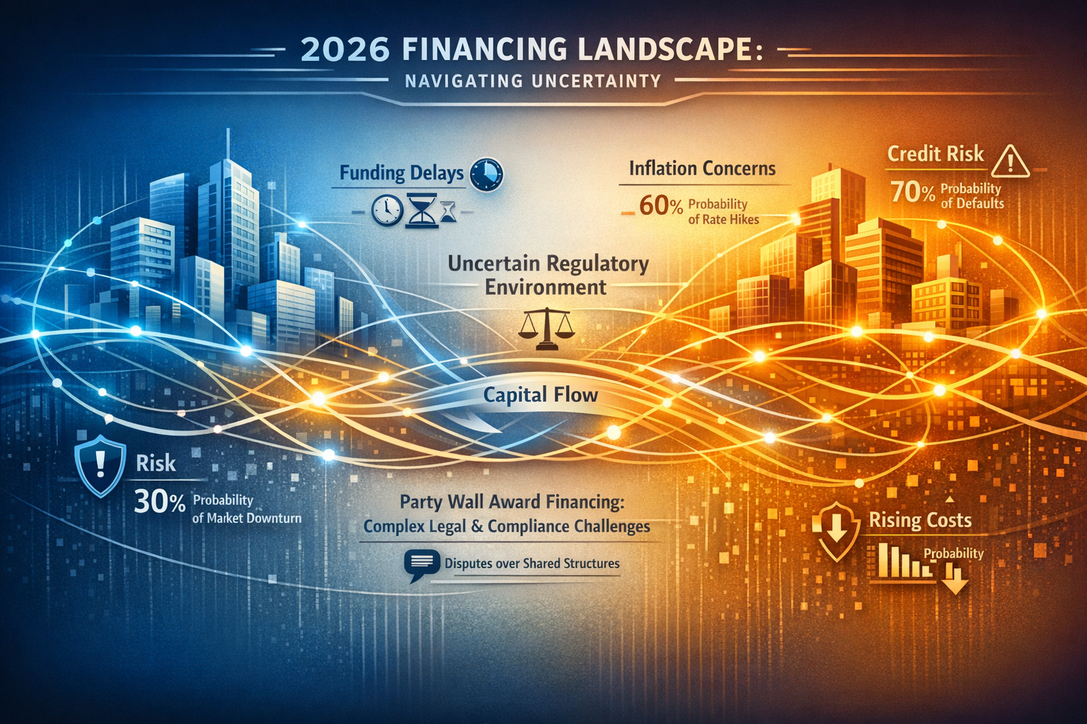 2026 Financing Landscape impact visualization: Conceptual infographic mapping financing uncertainty using interconnected network diagram, fe