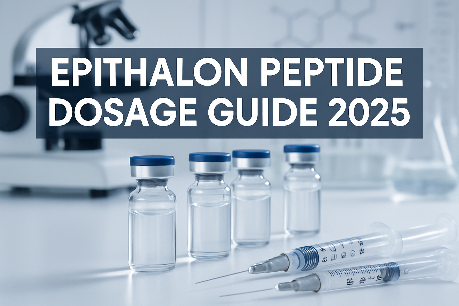 Professional landscape hero image (1536x1024) featuring bold text overlay 'Epithalon Peptide Dosage Guide 2025' in extra large 72pt white sa