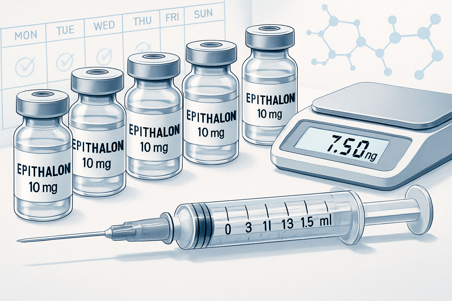 Detailed editorial illustration (1536x1024) showing clinical dosage measurement concept with precision medical syringe in foreground marked 