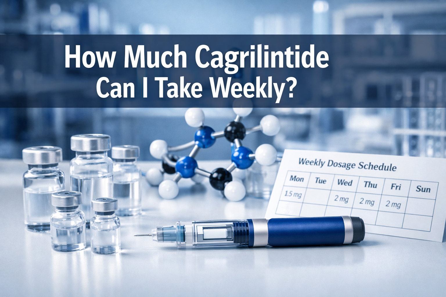 Professional landscape hero image (1536x1024) featuring bold text overlay 'How Much Cagrilintide Can I Take Weekly?' in extra large 72pt whi
