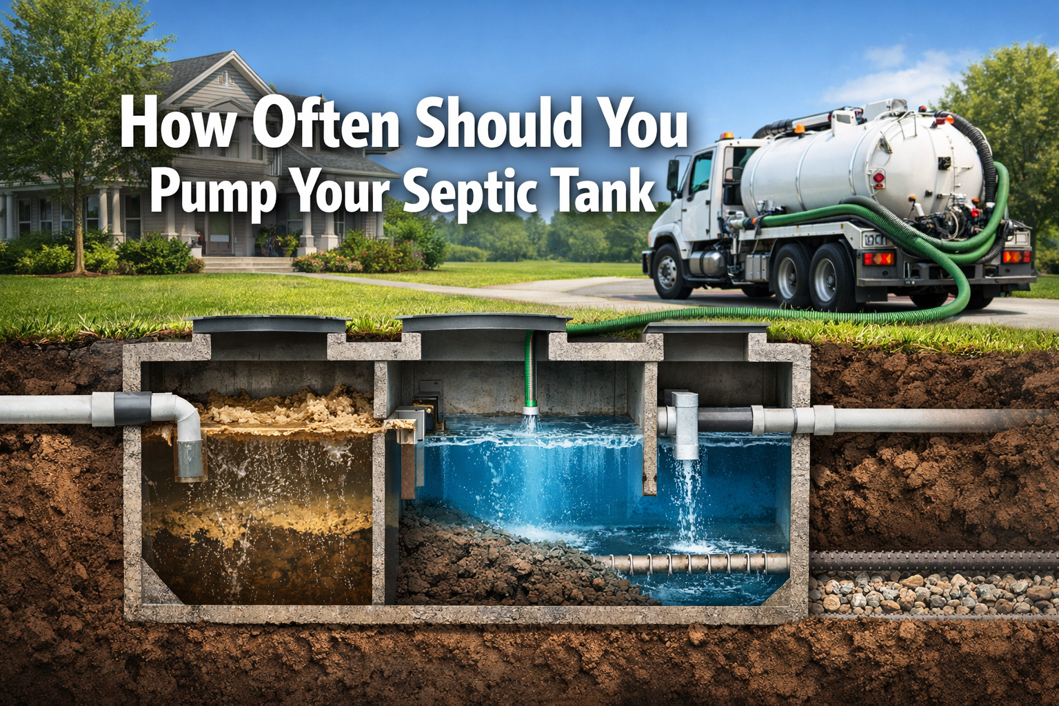 Professional landscape format (1536x1024) hero image featuring bold text overlay 'How Often Should You Pump Your Septic Tank' in extra large