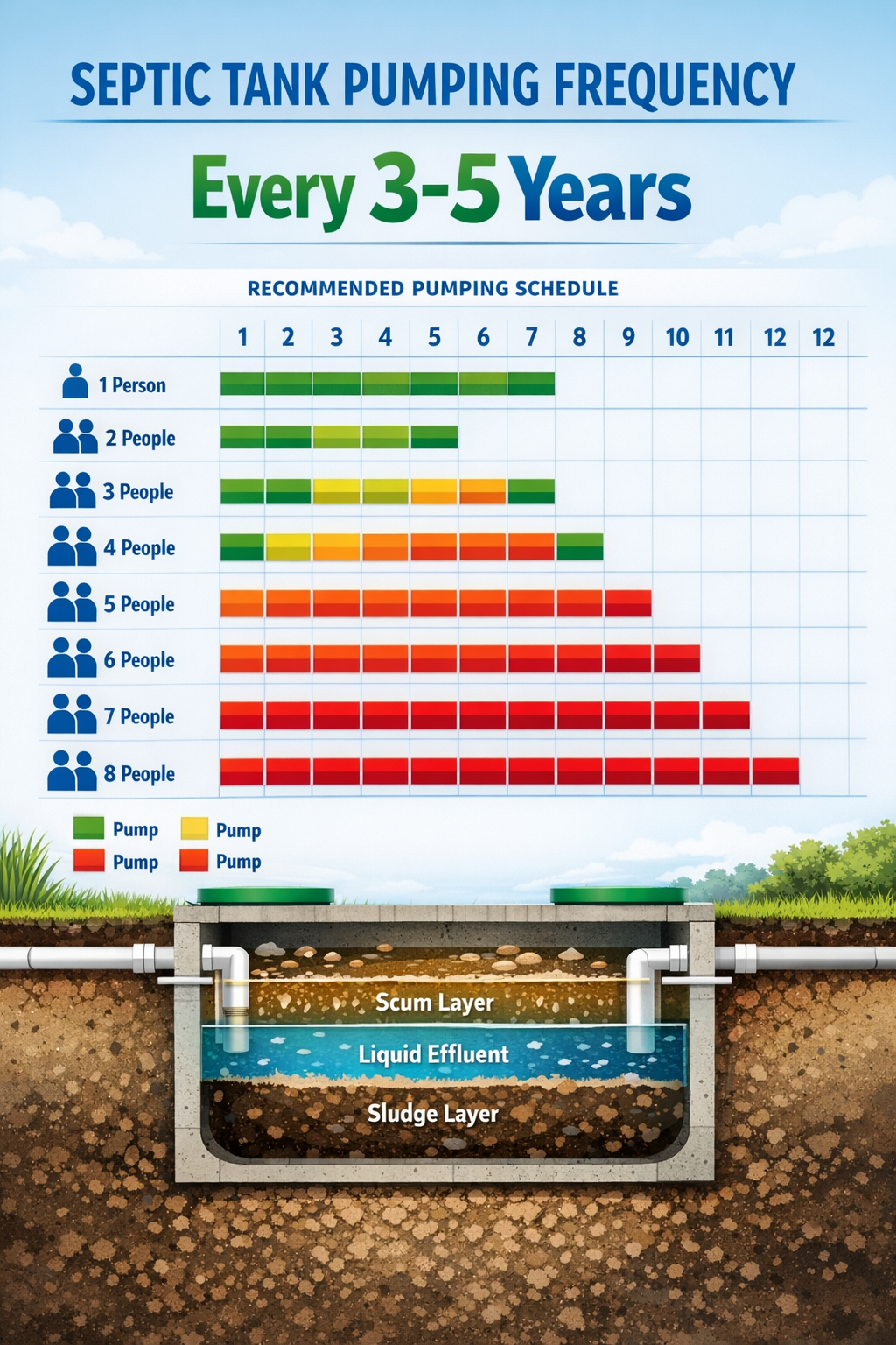 Portrait format (1024x1536) infographic showing septic tank pumping frequency timeline with household size icons (1-8 people), calendar year