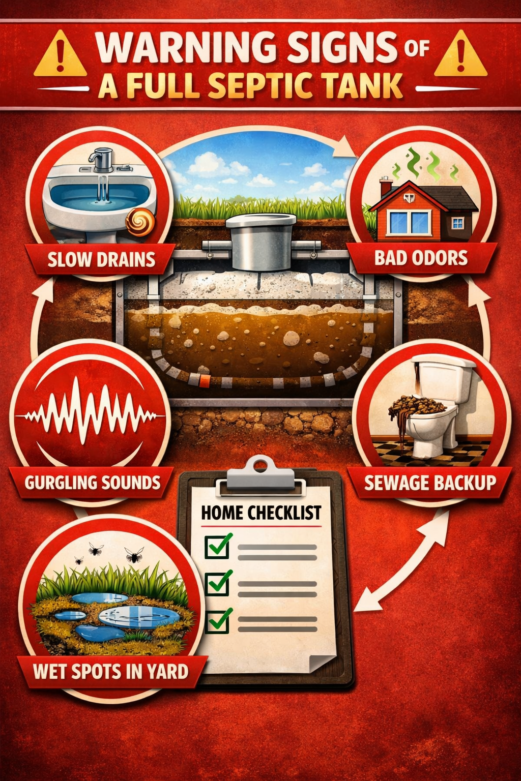 Portrait format (1024x1536) visual guide showing warning signs of full septic tank including slow drains icon, bad odors symbol, sewage back