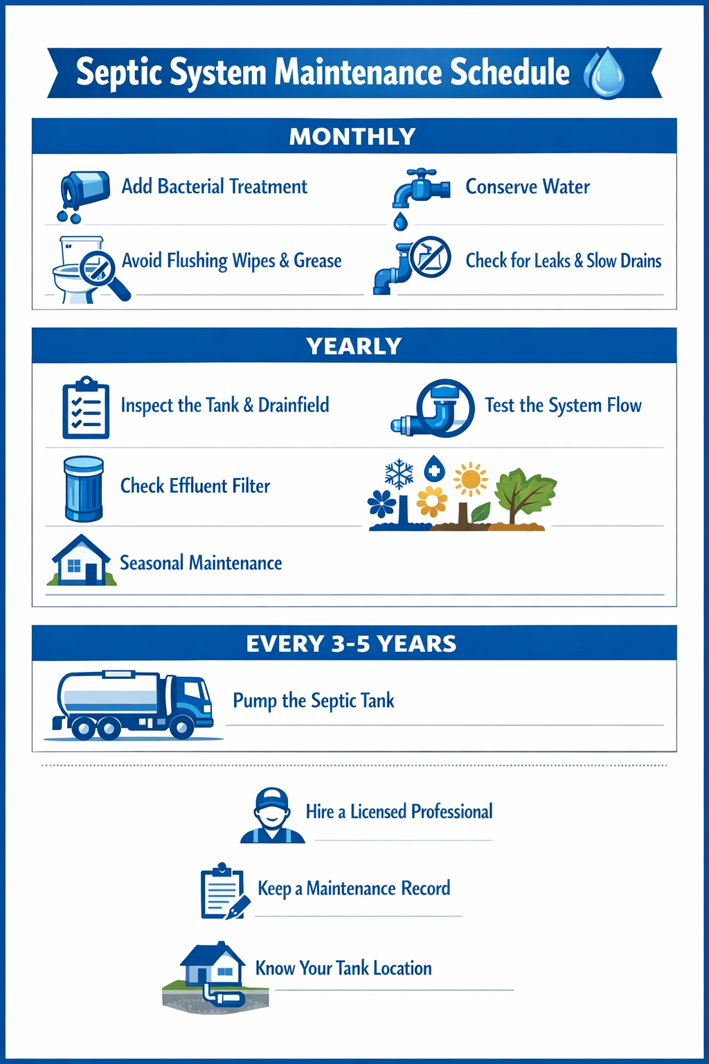 Portrait format (1024x1536) step-by-step maintenance calendar showing monthly, yearly, and multi-year septic care tasks, clean grid layout w