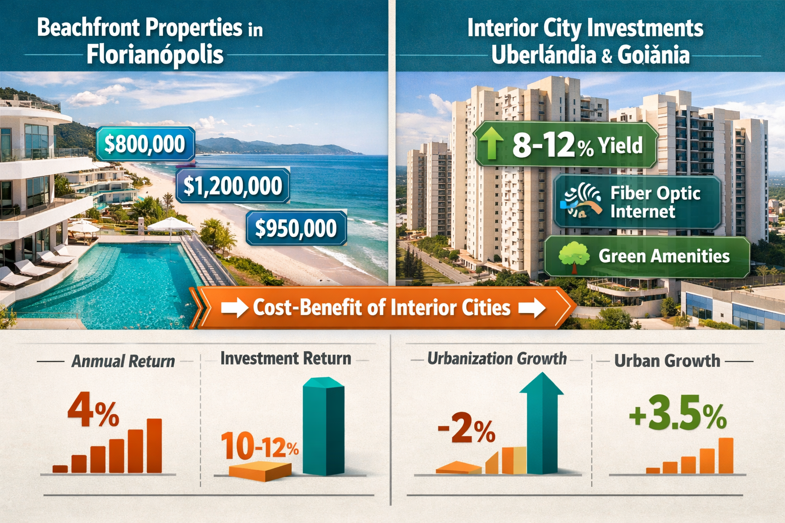Landscape format (1536x1024) editorial photograph showing split-screen comparison of coastal versus interior Brazil real estate investment o