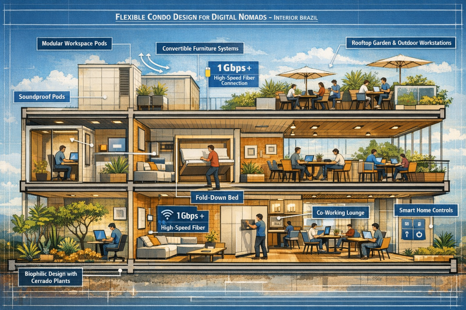 Landscape format (1536x1024) detailed architectural cross-section illustration of flexible condo design for digital nomads in Brazil's inter