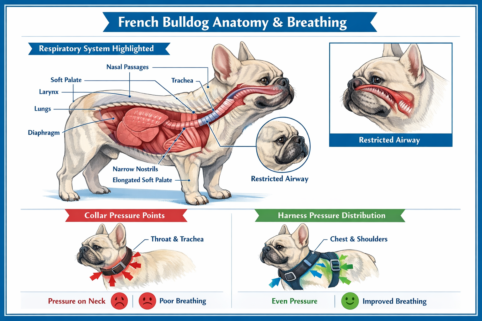 Detailed infographic showing French Bulldog anatomy with highlighted respiratory system, trachea, and neck area. Visual comparison between c