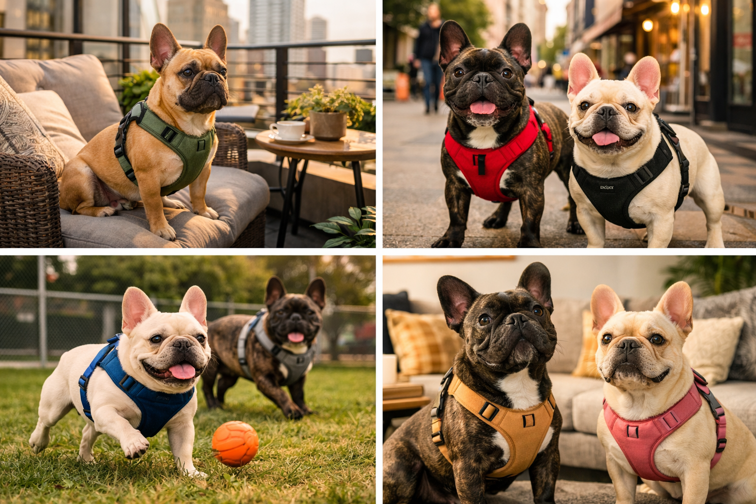 Lifestyle photography montage showing French Bulldogs wearing harnesses in various urban settings: apartment balcony, city sidewalk, dog par