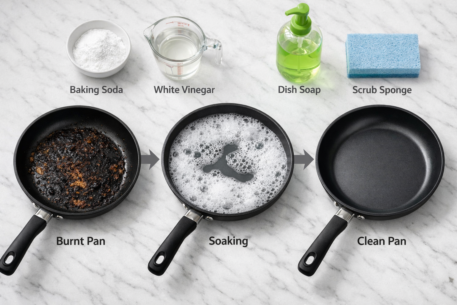 () editorial image showing step-by-step cleaning process comparison: three non-stick pans in different stages - first pan