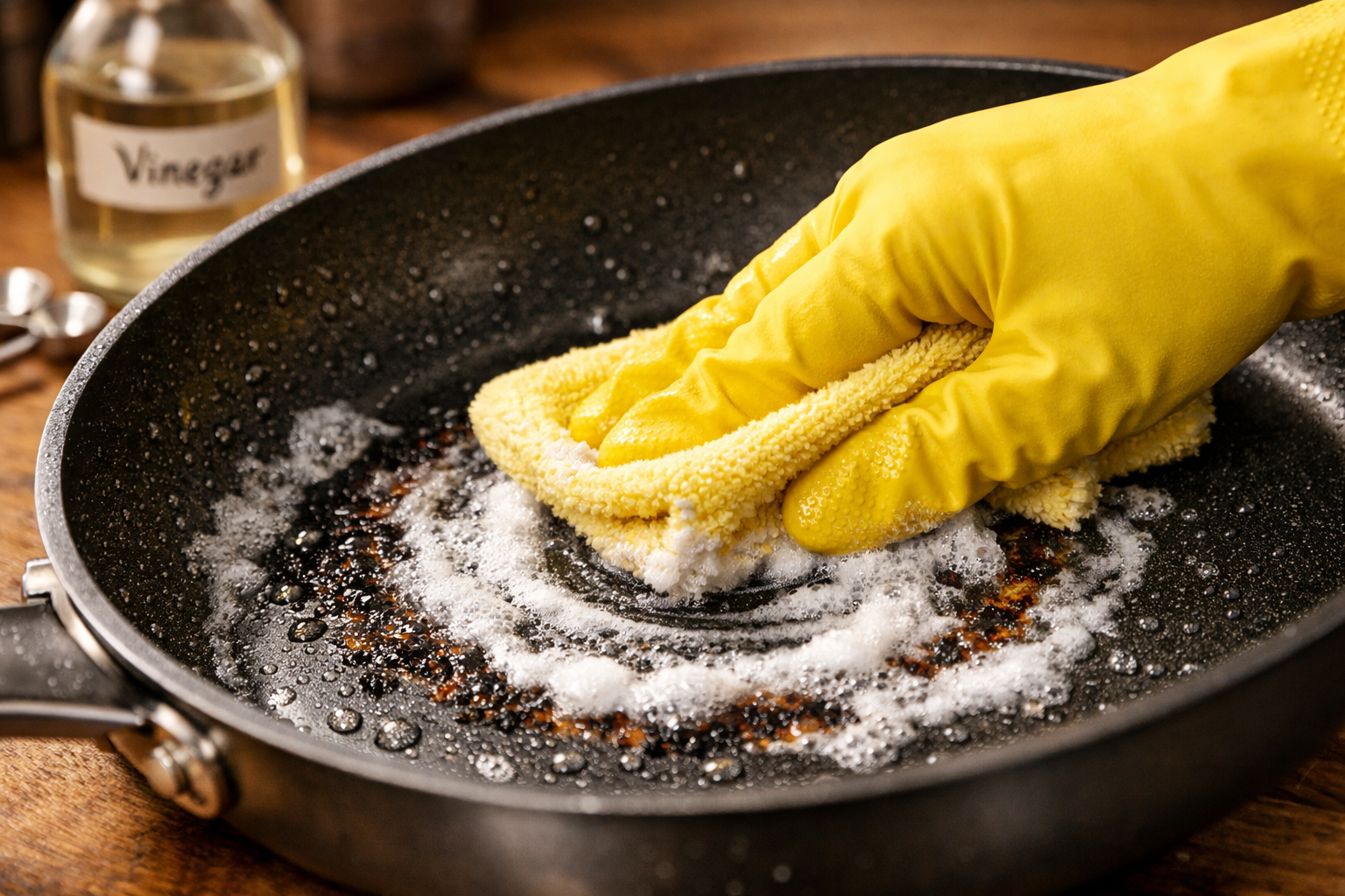 () close-up detailed image showing gentle cleaning technique on non-stick pan surface. Hand wearing yellow cleaning glove