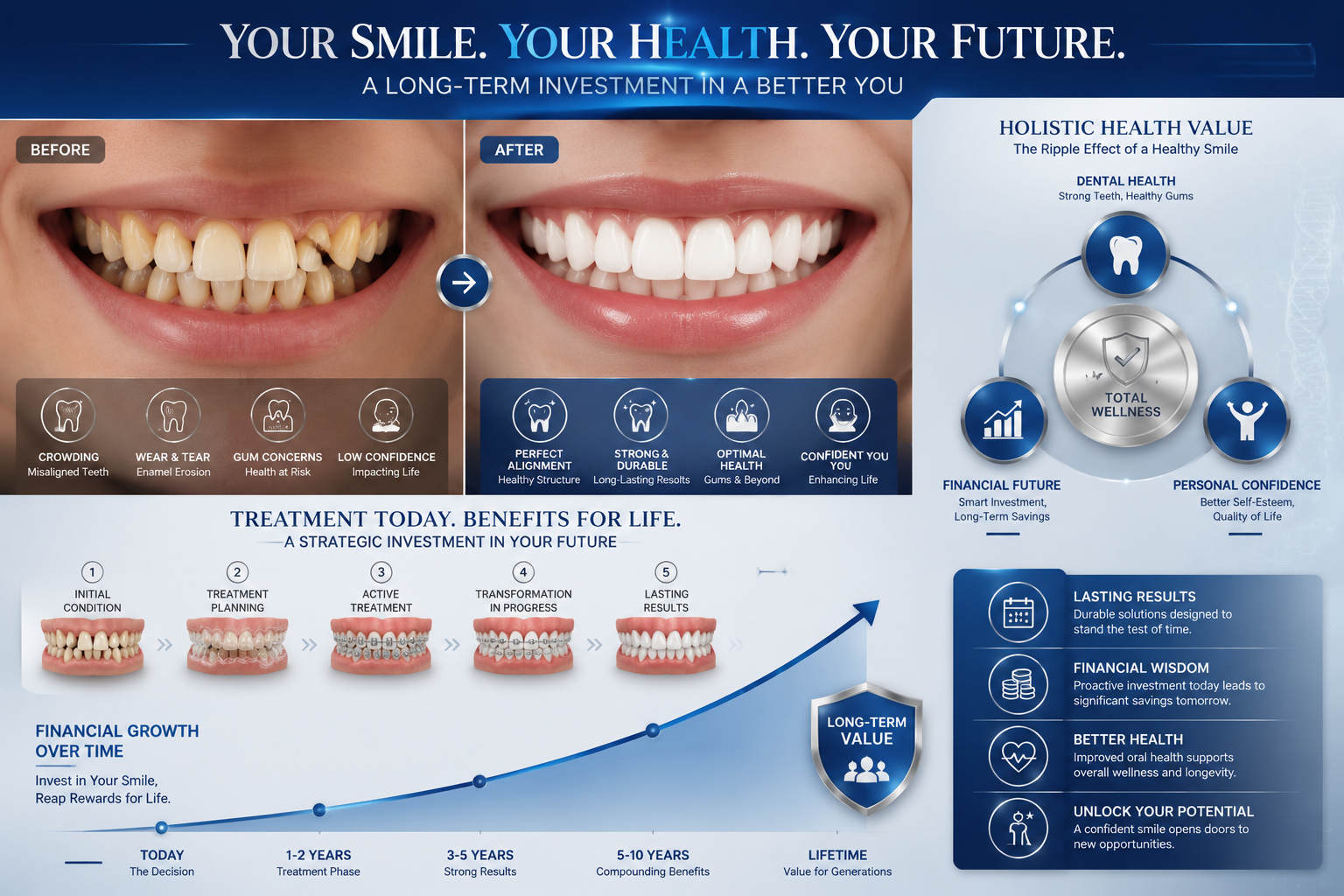 Long-term oral health investment visualization depicting comprehensive dental transformation journey. Split-screen medical