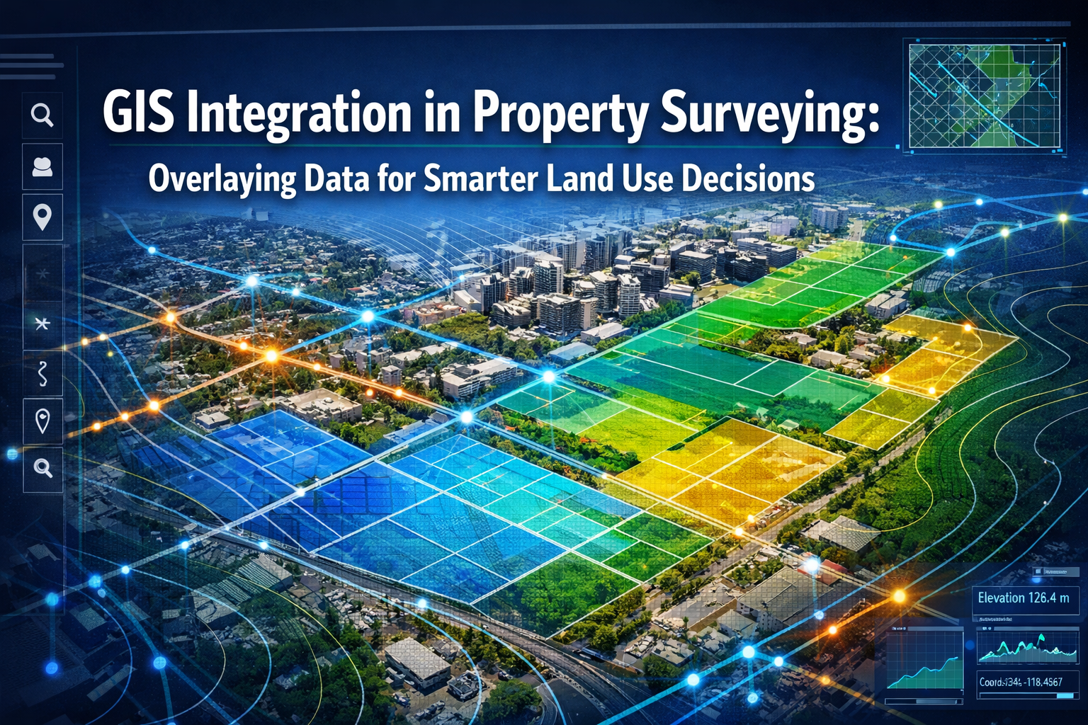 Professional landscape format (1536x1024) hero image featuring bold text overlay 'GIS Integration in Property Surveying: Overlaying Data for