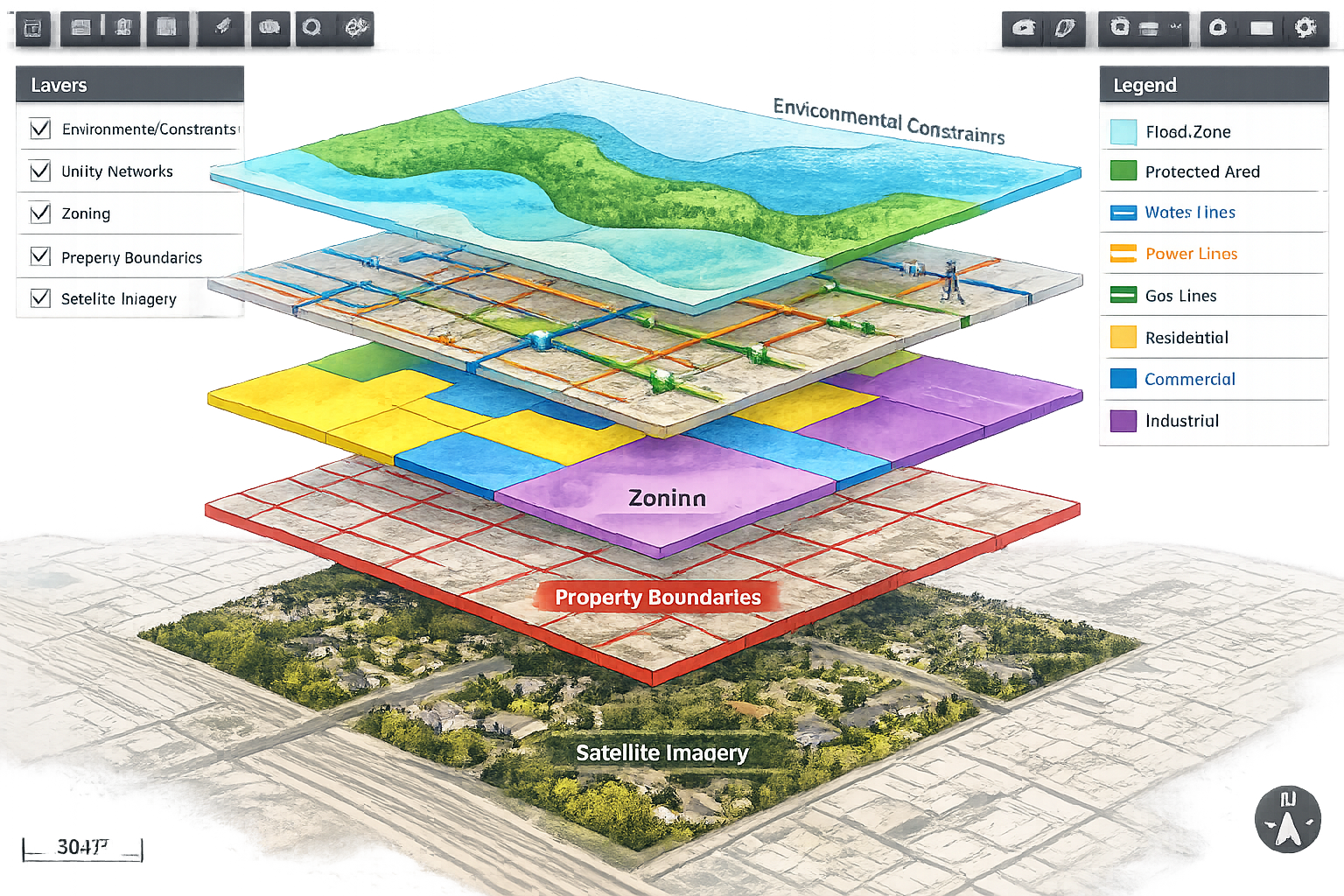 Detailed landscape format (1536x1024) illustration showing multiple transparent GIS data layers stacked vertically in 3D perspective view ov