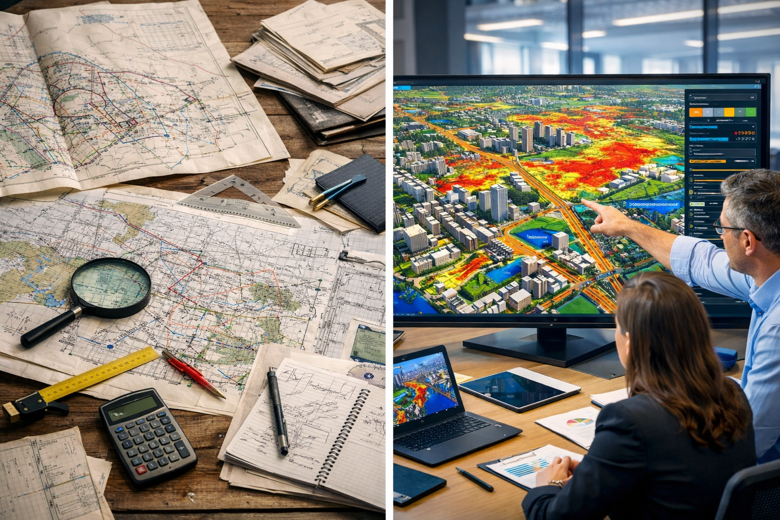 Detailed landscape format (1536x1024) split-screen comparison image showing urban development planning application of GIS integration. Left 