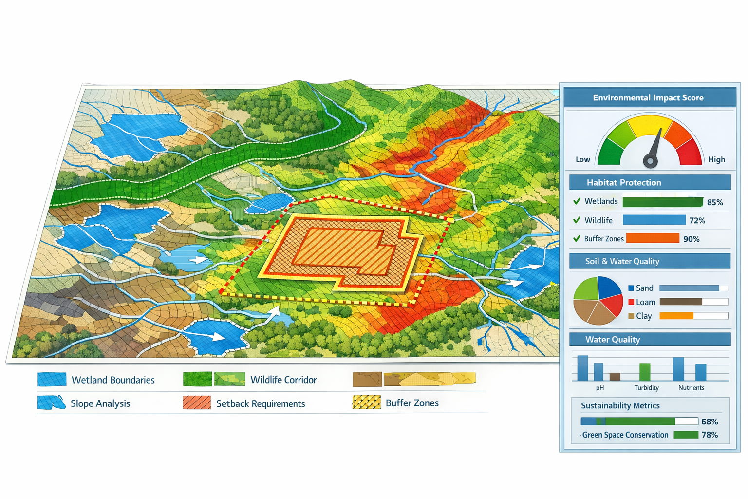 Detailed landscape format (1536x1024) environmental assessment visualization showing GIS integration for land use decision-making. Central f