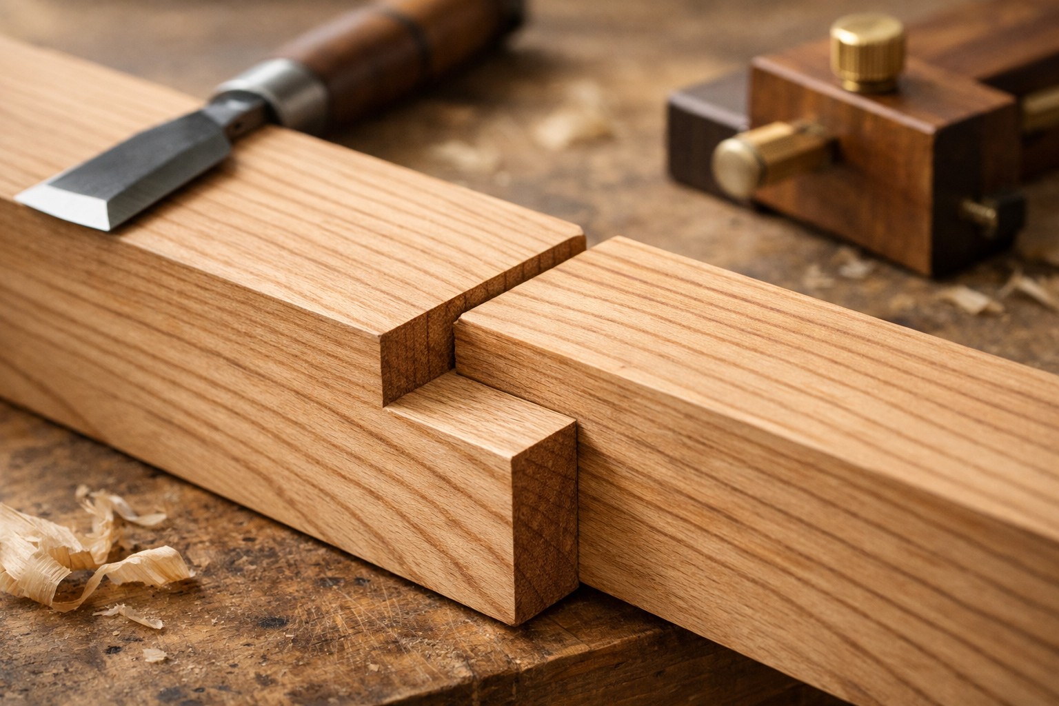A detailed close-up shot of a perfectly executed Japanese half-lap joint, showing the precise interlocking of two wooden