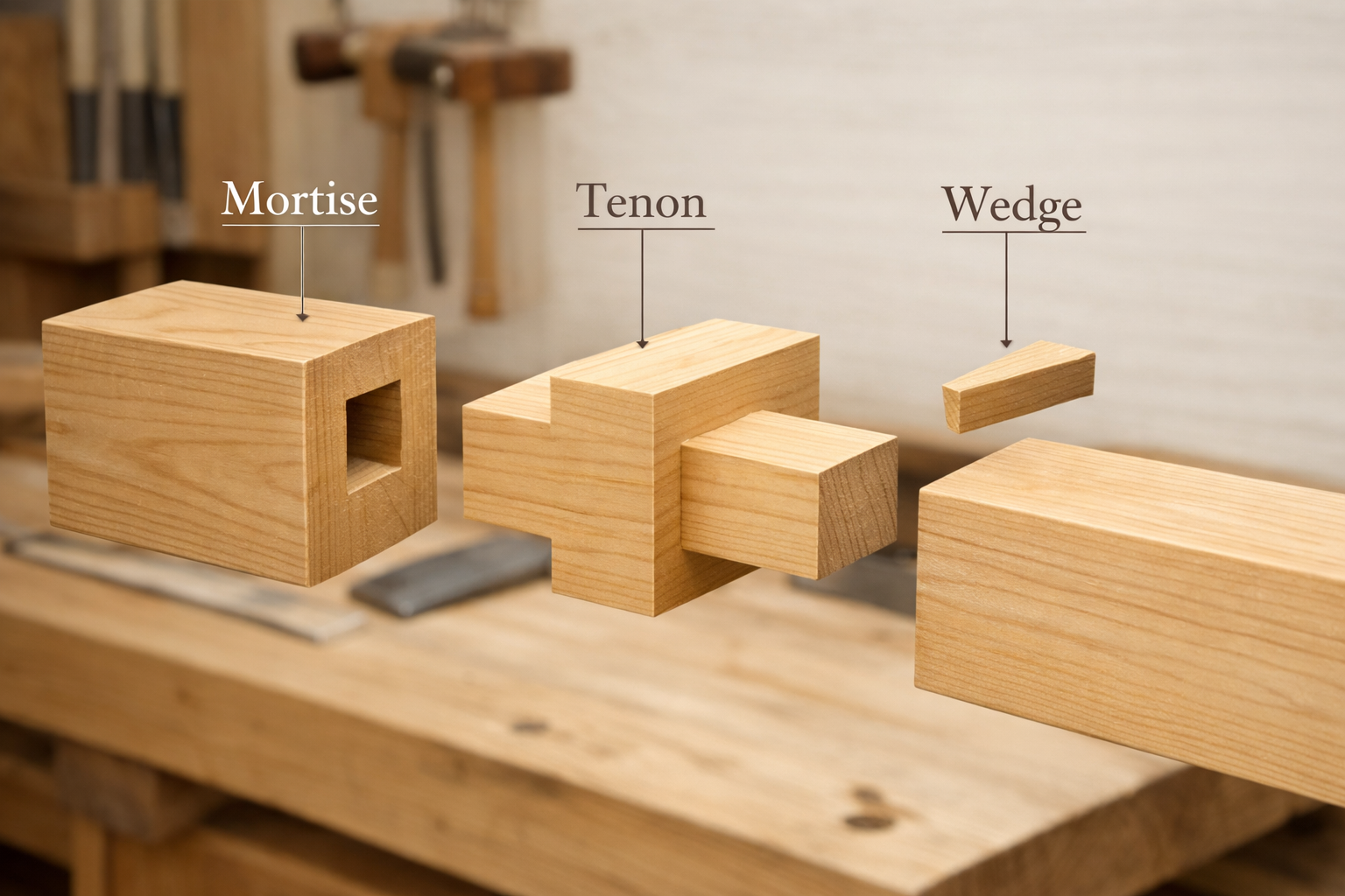 An intricate exploded view illustration of a traditional Japanese mortise and tenon joint, clearly showing each component