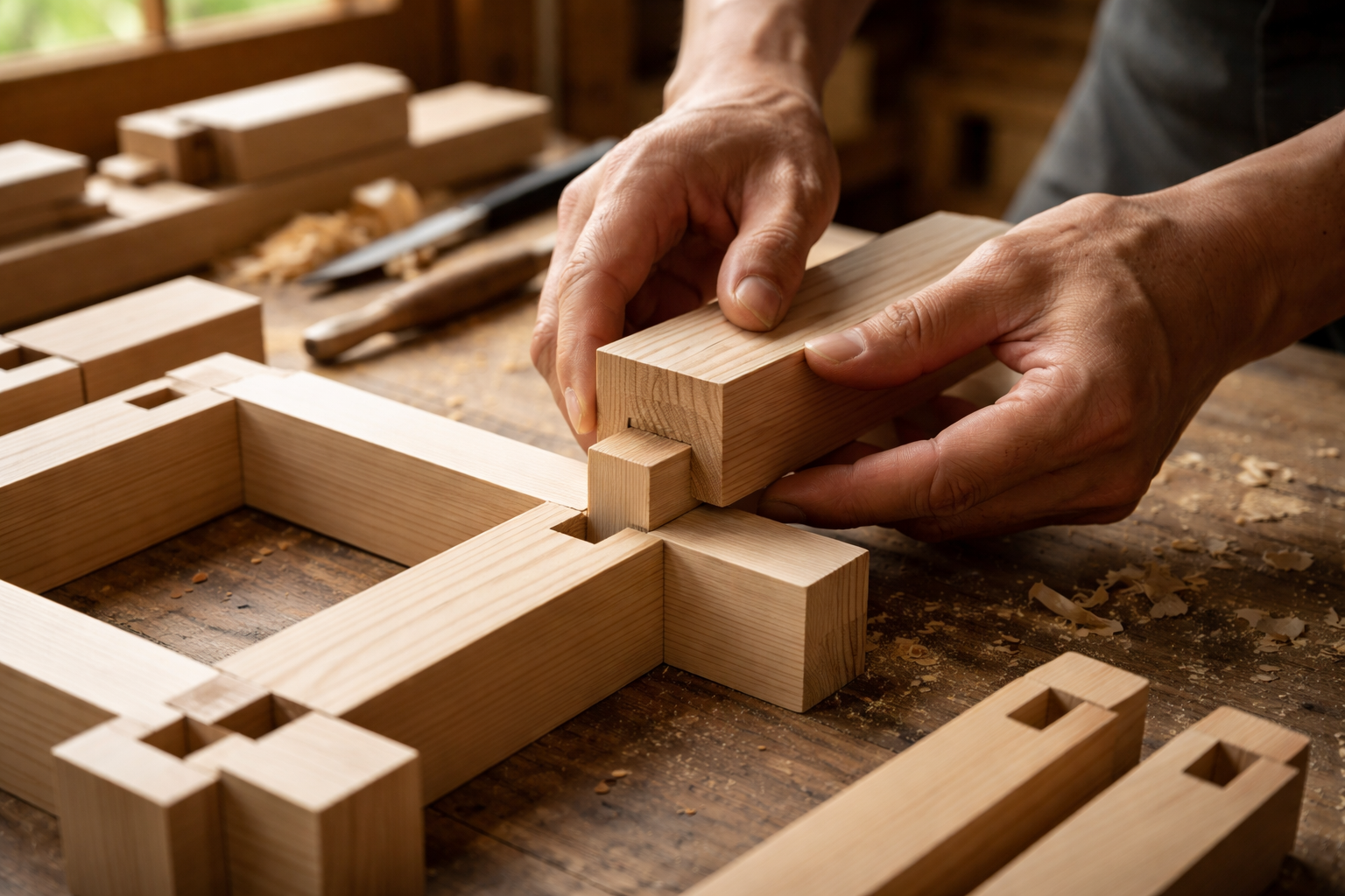 A hands-on, action shot demonstrating the careful assembly of a complex traditional Japanese wood joinery project, possibly