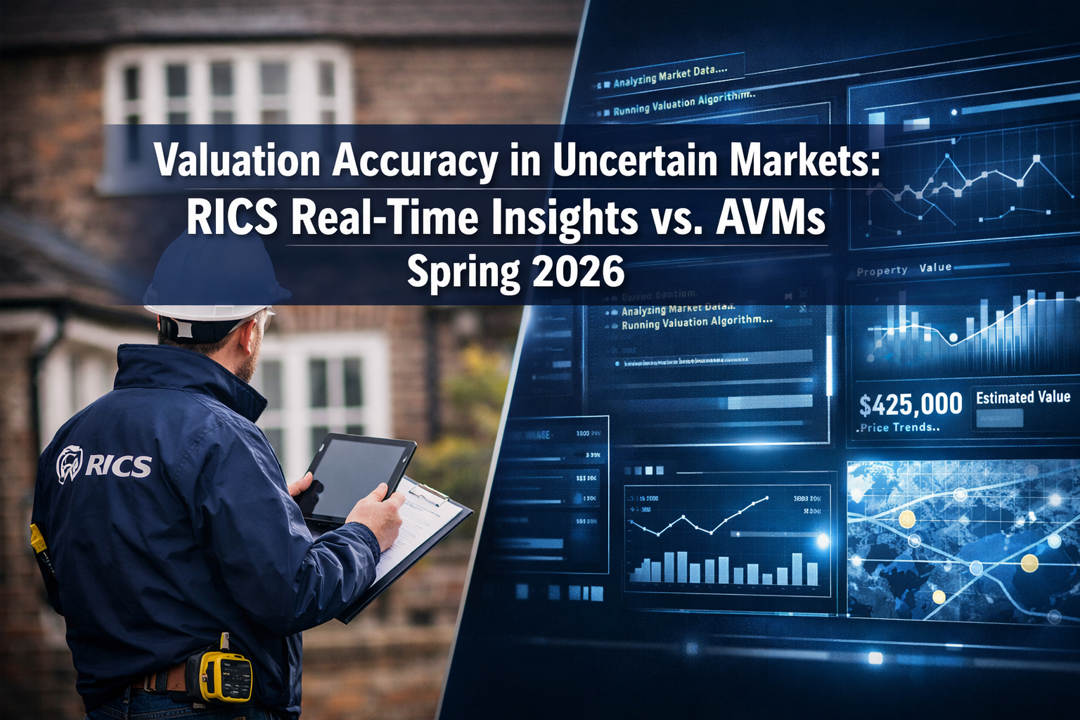 Professional () editorial hero image with 'Valuation Accuracy in Uncertain Markets: RICS Real-Time Insights vs. AVMs Spring