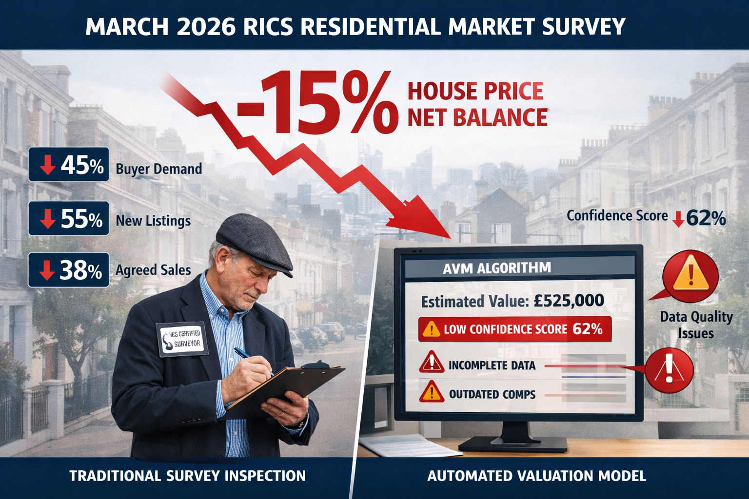 () detailed infographic showing March 2026 RICS Residential Market Survey data visualization with prominent -15% house price