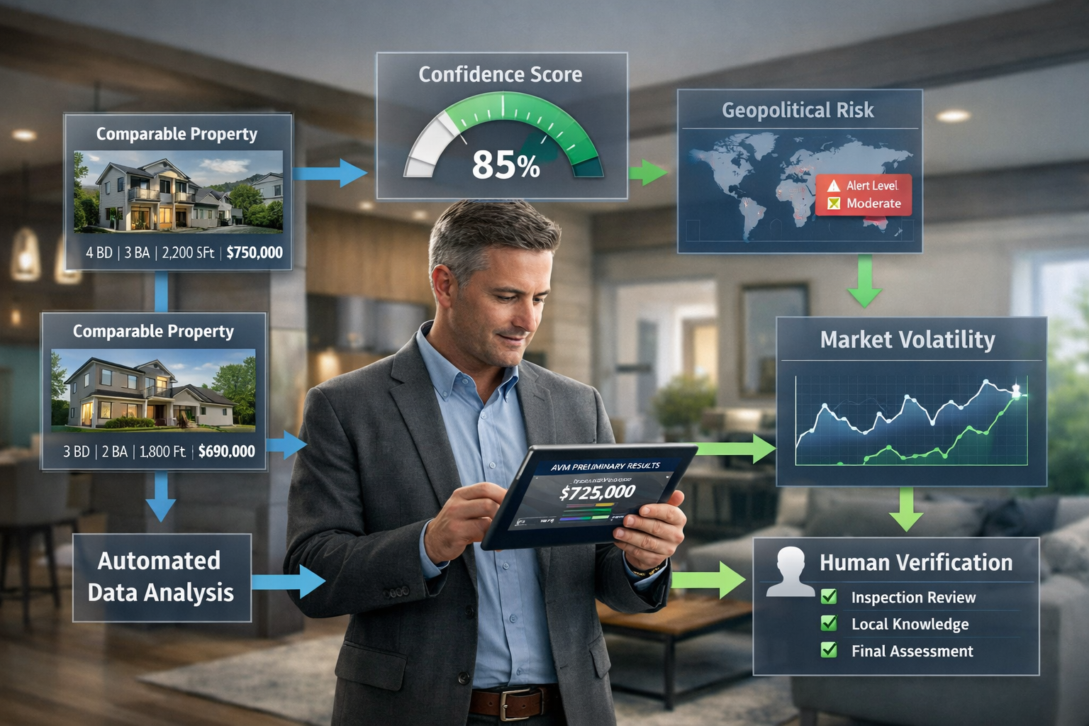 () conceptual illustration depicting hybrid valuation model workflow in modern property assessment context. Central focus