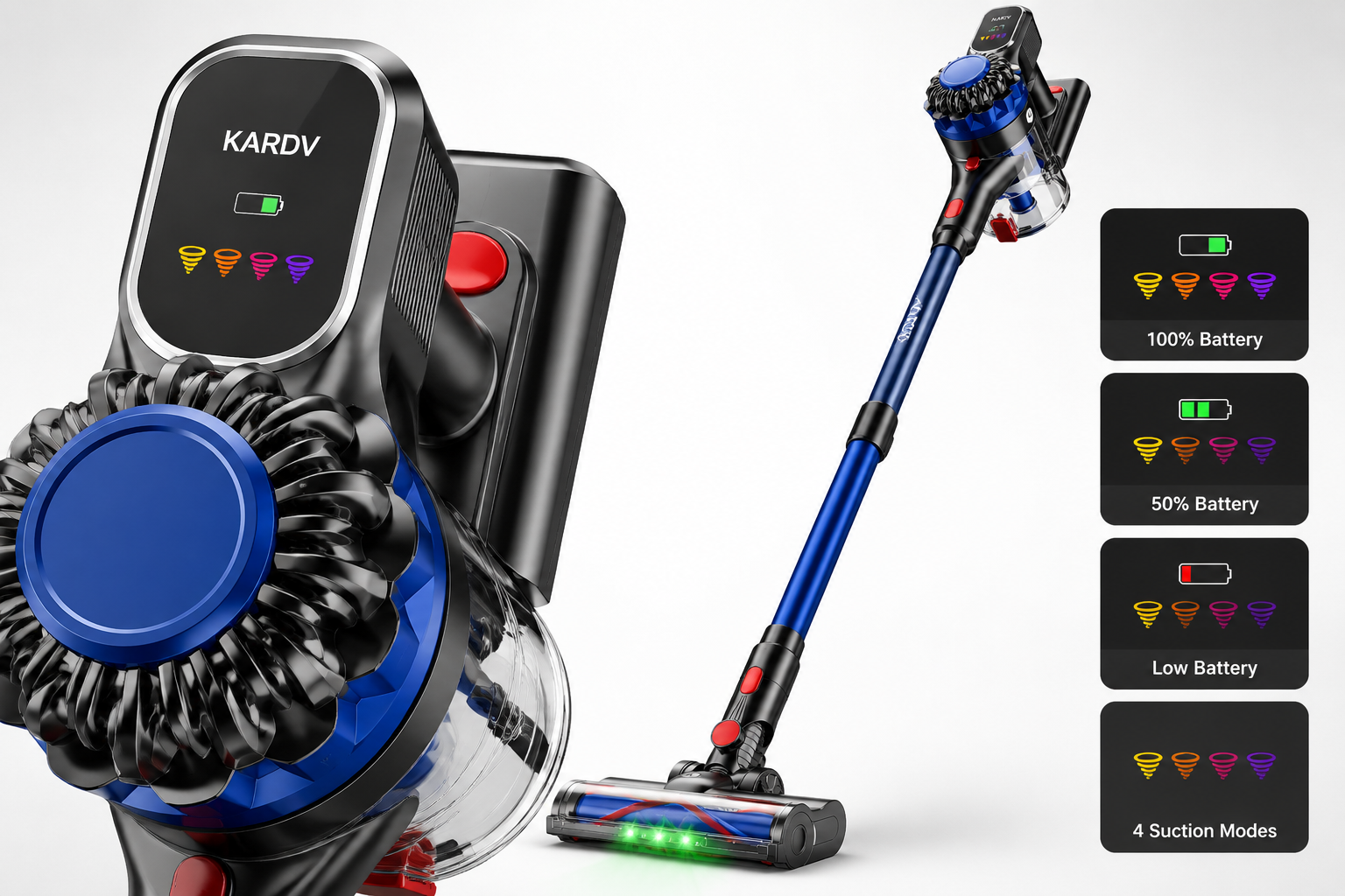 KARDV Cordless Vacuum Cleaner Detailed showcase of the KARDV Cordless Vacuum Cleaner highlighting its LED display interface showing battery level and suction mode, with the KARDV logo visible on the slim stick body, shot on a clean studio background Why a $90 Cordless Vacuum Deserves a Serious Look