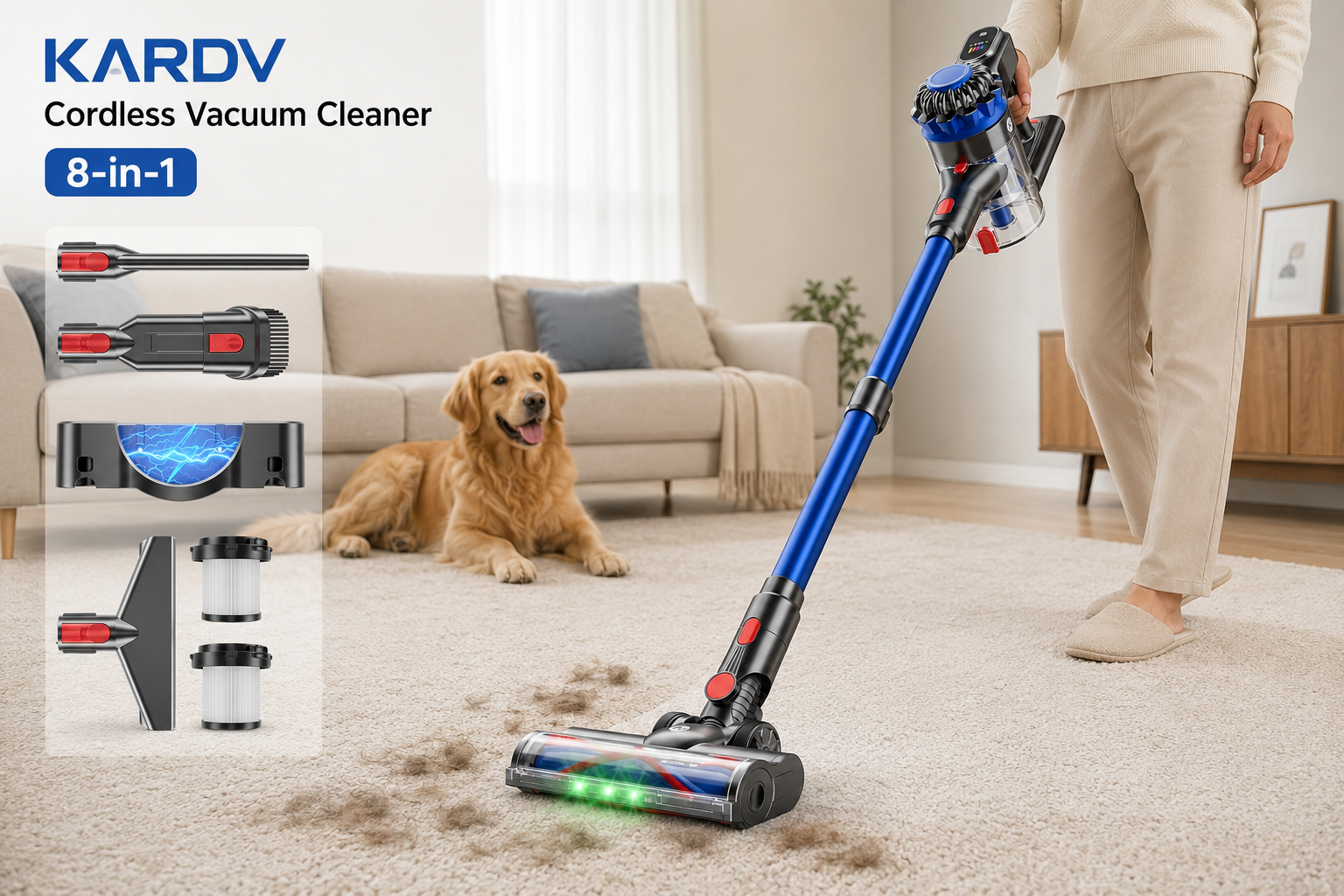 KARDV Cordless Vacuum Cleaner Detailed showcase of the KARDV Cordless Vacuum Cleaner in action — anti-tangle brush head picking up pet hair on carpet, with the lightweight wand held at a natural angle and the 8-in-1 attachments displayed nearby Hands-On Experience: How Does the KARDV Perform in Real Use?