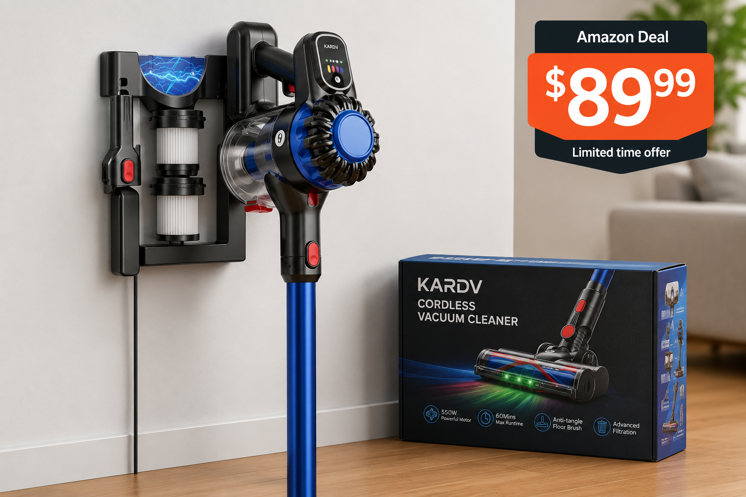 KARDV Cordless Vacuum Cleaner Detailed showcase of the KARDV Cordless Vacuum Cleaner wall-mount charging dock installed on a wall, vacuum seated in the dock, with a price tag graphic showing approximately $90 Amazon deal price and product packaging visible in the background Who Should Skip the KARDV Cordless Vacuum Cleaner?