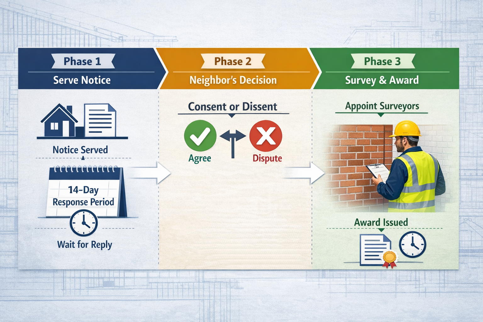 Detailed landscape format (1536x1024) image showing timeline infographic of party wall notice process from start to finish. Visual displays
