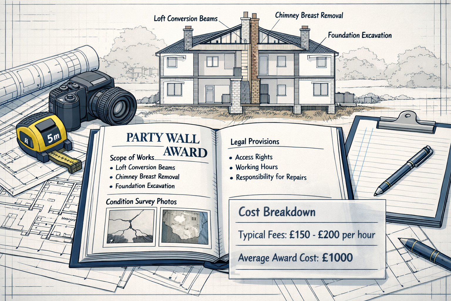 Detailed landscape format (1536x1024) image depicting party wall award document creation process. Central focus on open official award docum