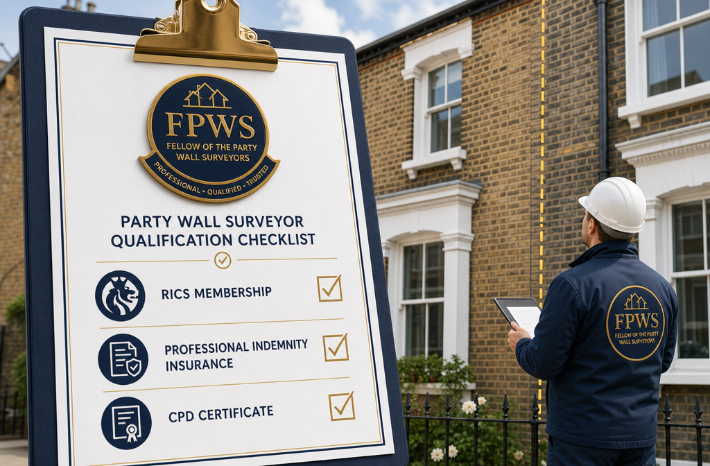 () infographic-style image showing a detailed party wall surveyor qualification checklist on a professional clipboard, with