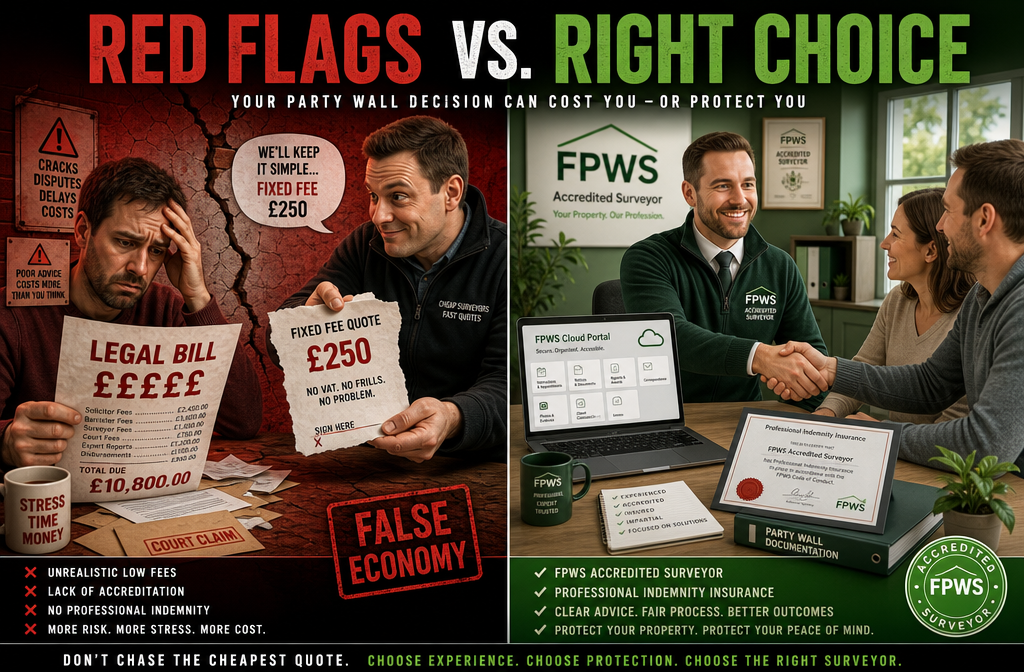 () split composition showing two contrasting scenarios side by side: LEFT panel in red tones shows warning signs — a