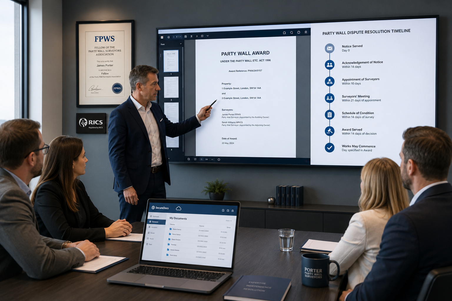 () wide-angle shot of a formal professional meeting room where a party wall surveyor presents digital documentation on a