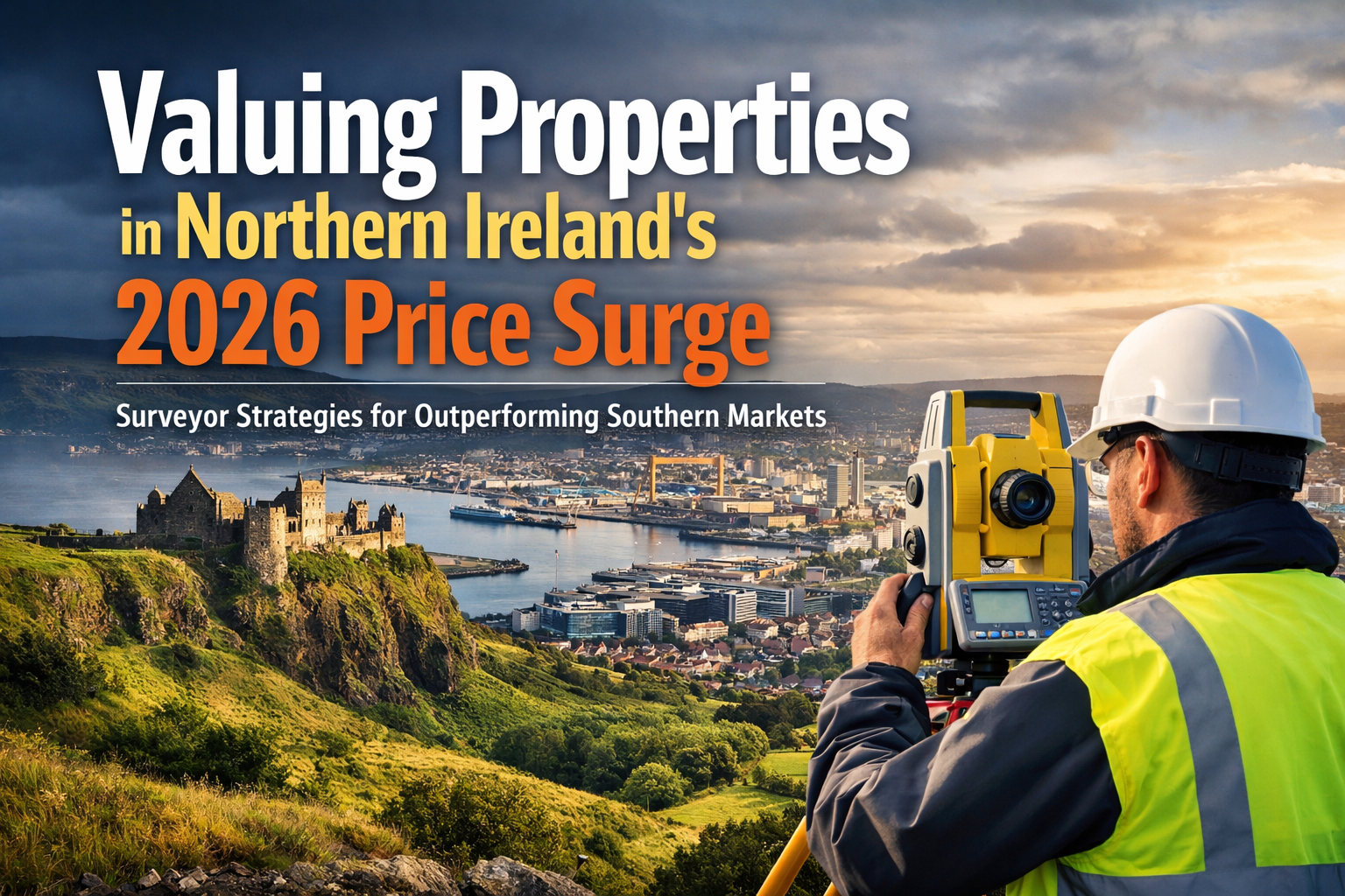 Professional landscape hero image (1536x1024) with bold text overlay: "Valuing Properties in Northern Ireland's 2026 Price Surge: Surveyor S