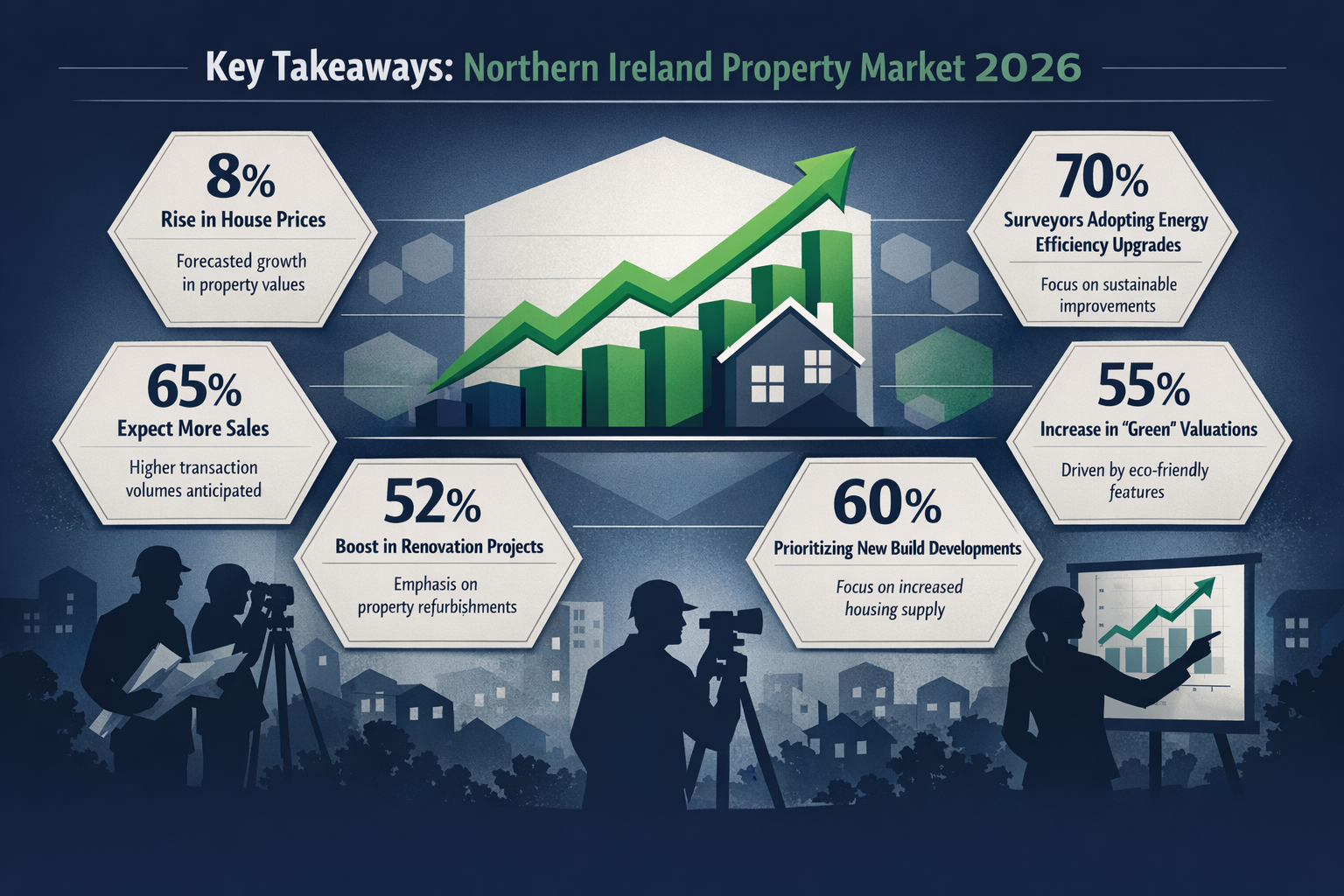 Key Takeaways section infographic displaying Northern Ireland property market dynamics for 2026. Central visualization shows a rising proper