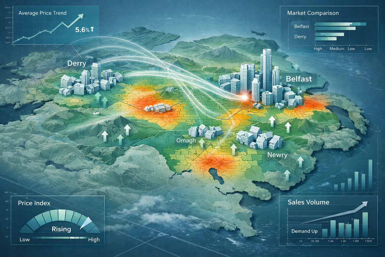 Northern Ireland property market landscape visualization depicting regional economic dynamics. Overhead geographical map of Northern Ireland