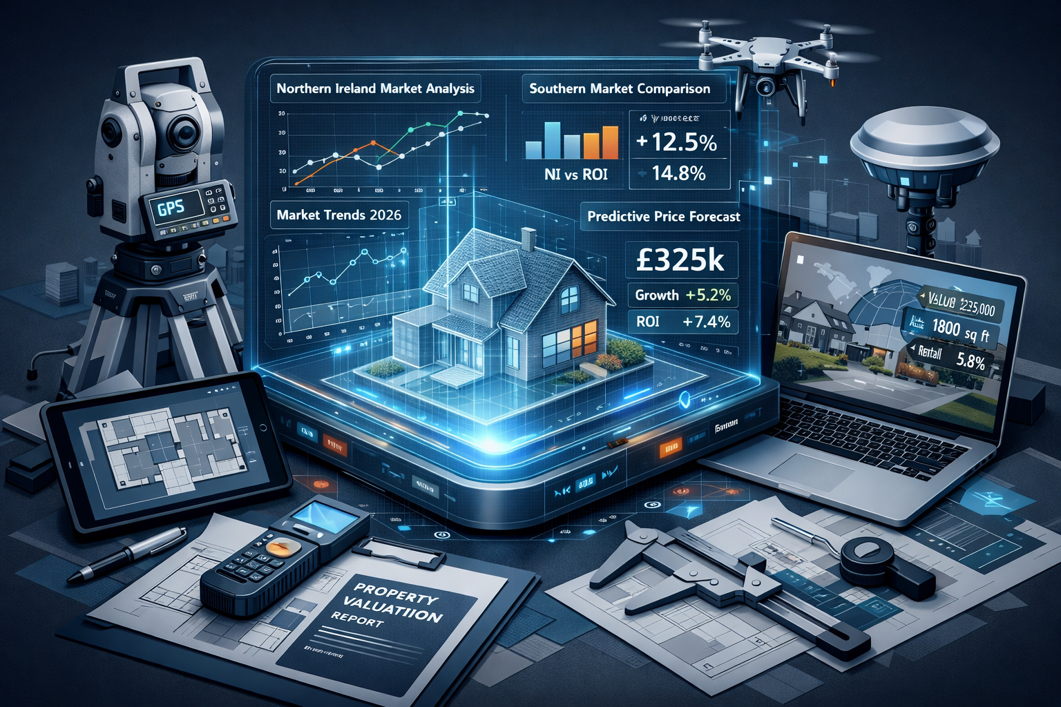 Advanced property valuation methodology illustration for Northern Ireland's 2026 market. Technical isometric composition featuring precision